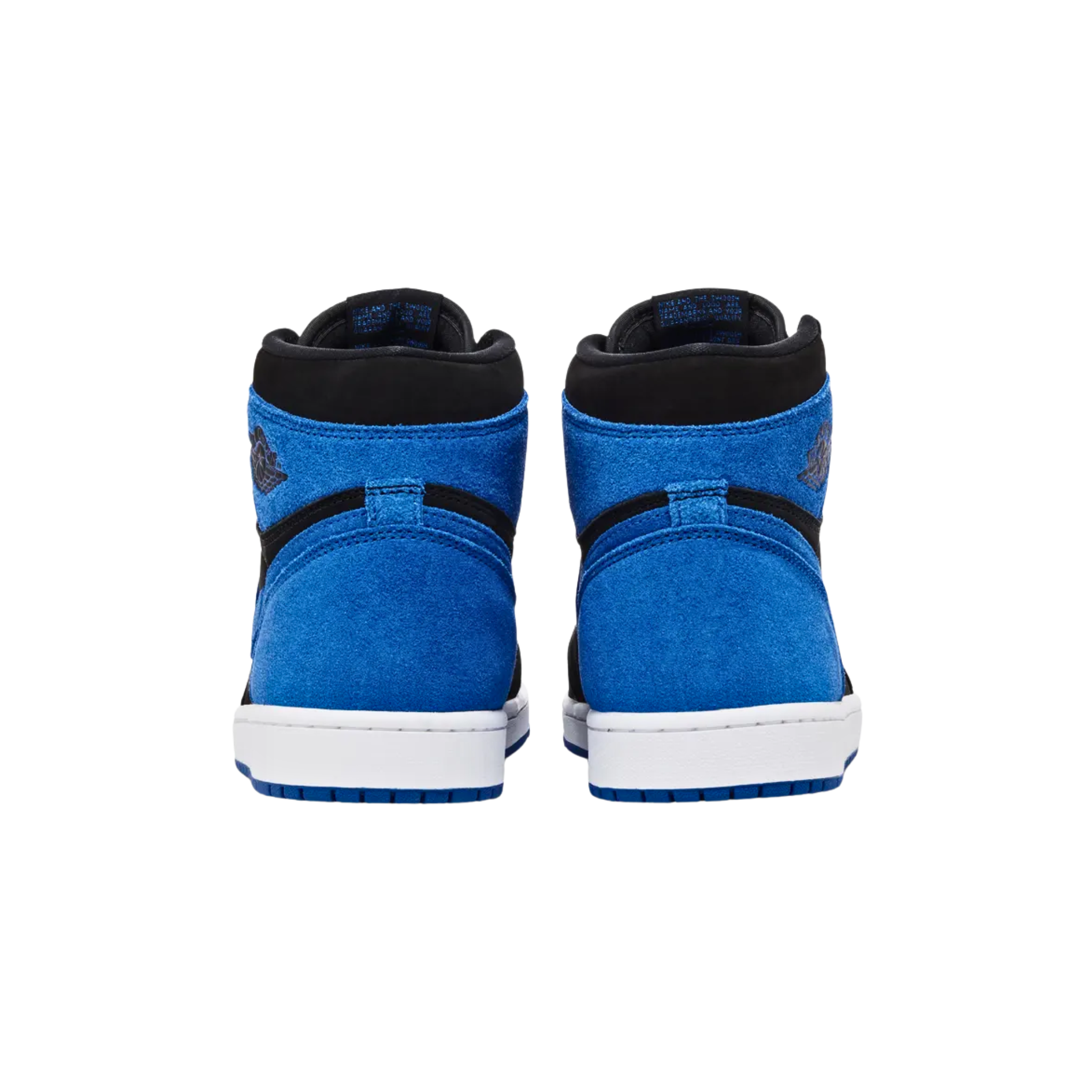 Air Jordan 1 Retro High OG 'Royal Reimagined' featuring a smooth suede upper with a black base and royal blue accents on the toe box, Swoosh, heel, and collar overlay. The sneaker includes a Jordan Wings logo on the collar, a woven Nike Air tag on the nylon tongue, and a sturdy rubber cupsole with white sidewalls and a royal blue outsole.