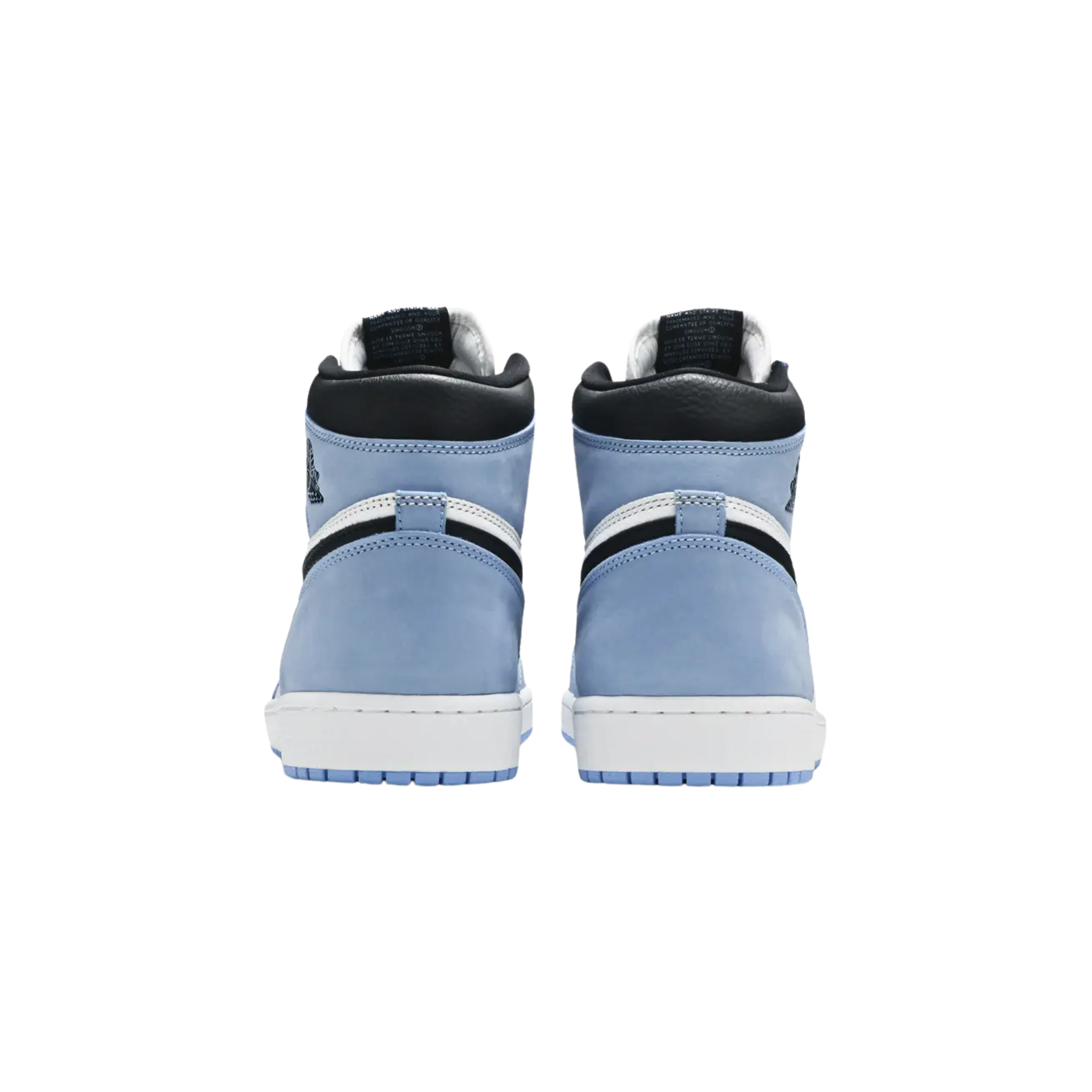 Air Jordan 1 Retro High OG 'University Blue' featuring an all-leather upper with a white base, powder blue overlays, and a black Swoosh. Black accents appear on the collar, tongue tag, and printed Wings logo. A brighter blue shade decorates the standard AJ1 outsole with multi-directional traction and a pivot point.