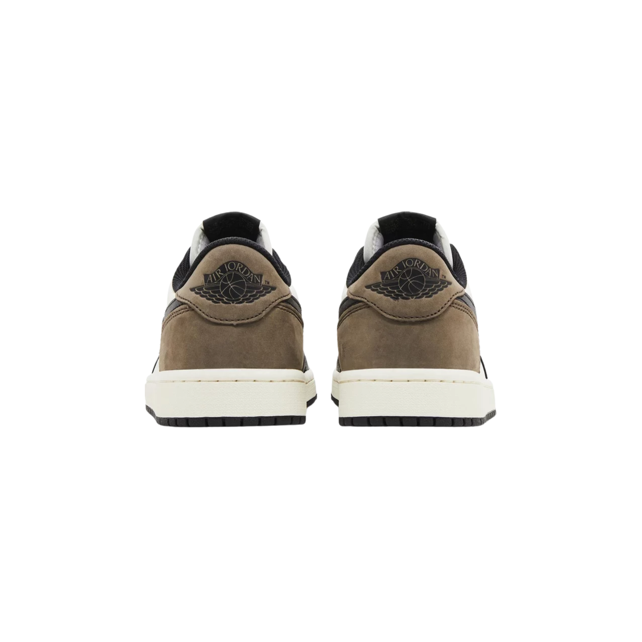 Air Jordan 1 Retro Low OG 'Mocha' featuring a white leather upper with black accents on the forefoot overlay and Swoosh. The sneaker includes brown nubuck heel overlays and back tab with a black Wings logo, Nike Air branding on the woven tongue tag and sockliner, and an off-white midsole with encapsulated Air-sole cushioning and a black rubber outsole.