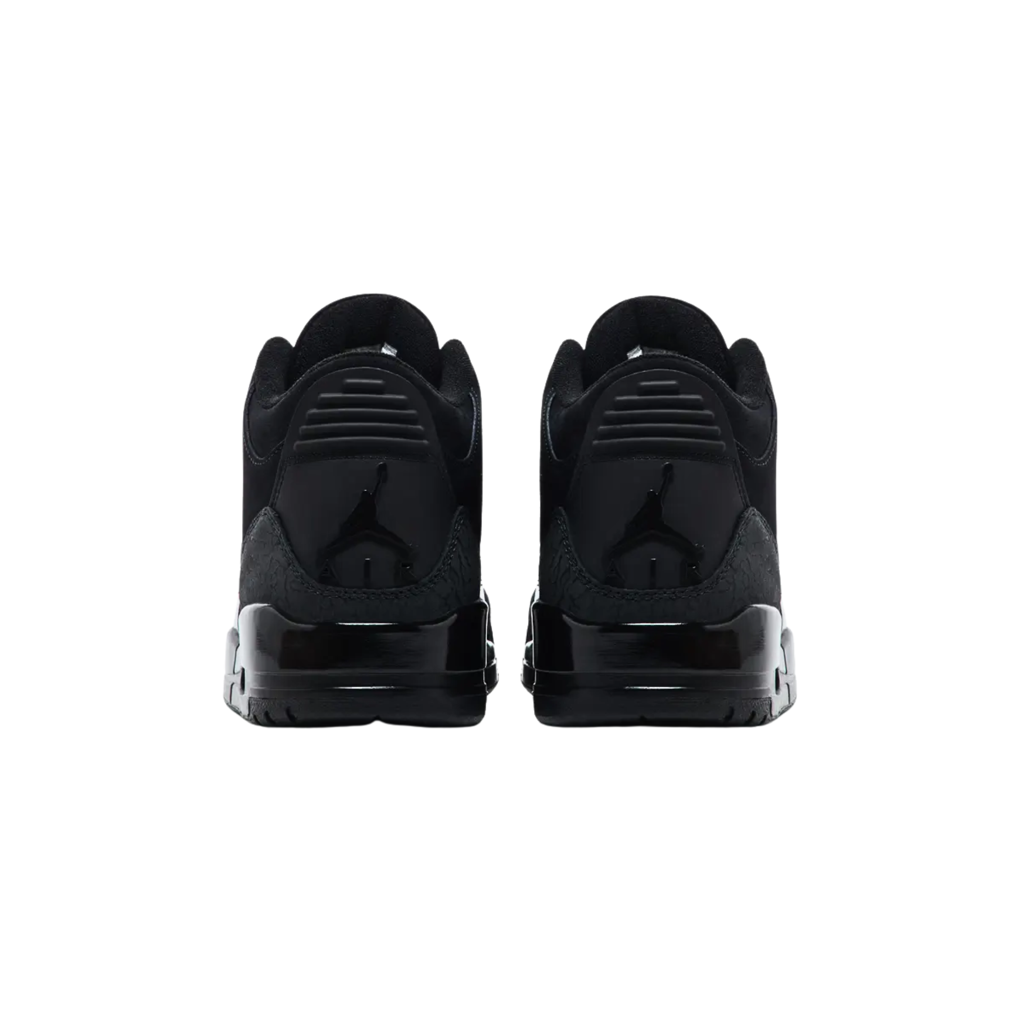 Air Jordan 3 Retro 'Black Cat' (2025) featuring a black nubuck upper with a patent leather mudguard, charcoal elephant-print overlays, and Jumpman branding on the tongue and molded back tab. The sneaker includes a glossy black polyurethane midsole with an exposed Air-sole unit in the heel.