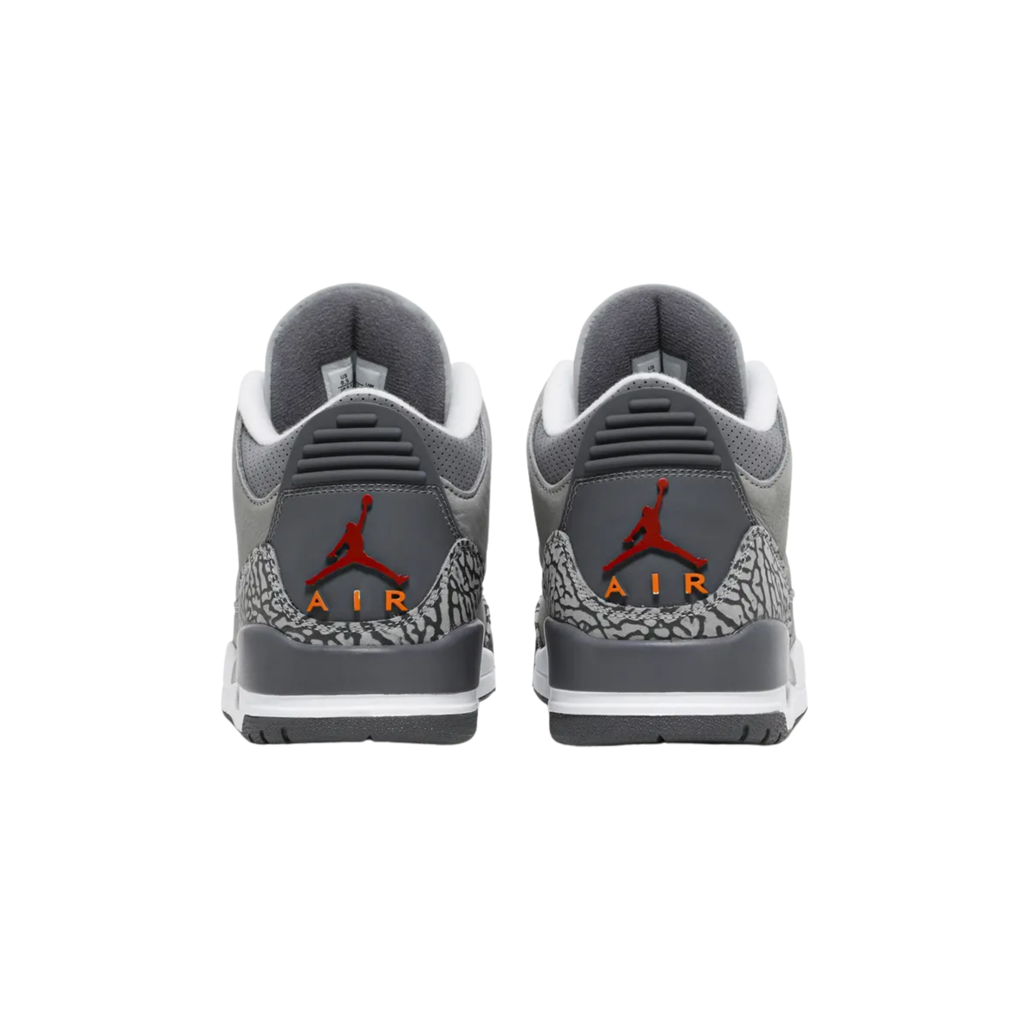 2021 reissue of the Air Jordan 3 Retro 'Cool Grey' with a grey leather upper, signature elephant print overlays at the toe and heel. The tongue features an embroidered Jumpman in Sport Red, with citrus hits of Orange Peel on the molded eyelets and Jumpman logo on the back heel.