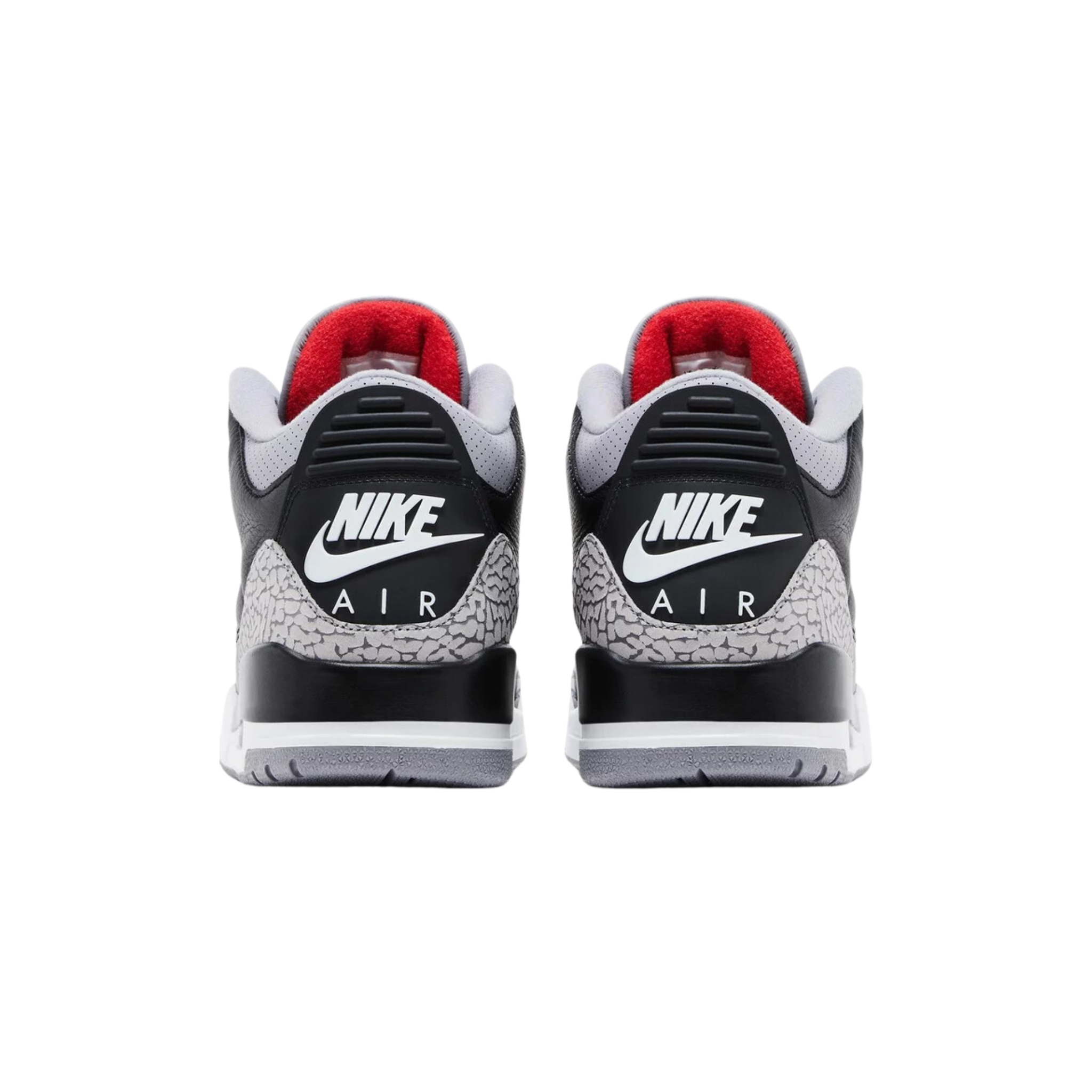 Air Jordan 3 Retro OG 'Black Cement' (2024) featuring a black tumbled leather upper with grey elephant print overlays at the forefoot and heel. The sneaker includes a Fire Red embroidered Jumpman on the tongue, a raised Nike Air logo on the back heel, a white polyurethane midsole with visible Air-sole cushioning, and a grey rubber outsole for durable traction.