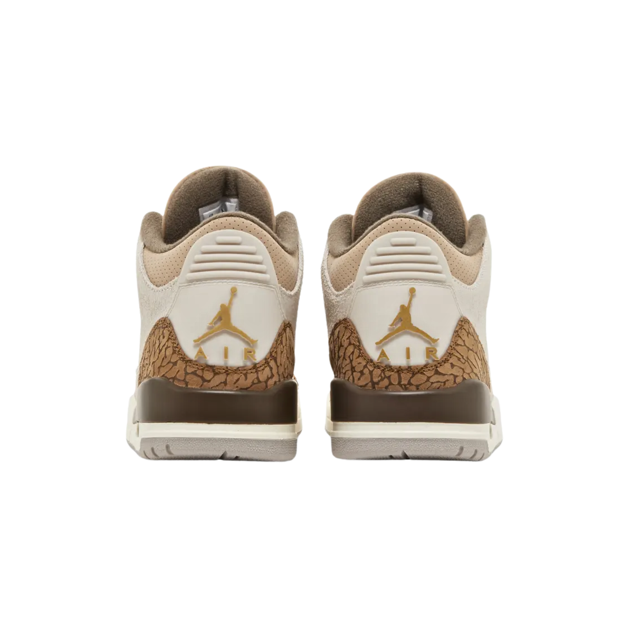 Air Jordan 3 Retro 'Palomino' featuring an off-white suede upper with brown elephant-print overlays at the forefoot and heel, and tan perforated nubuck on the padded collar. The sneaker includes Jumpman branding on the tongue and molded heel tab, an exposed Air-sole unit in the heel of the vintage-finished polyurethane midsole, and a durable grey rubber outsole.