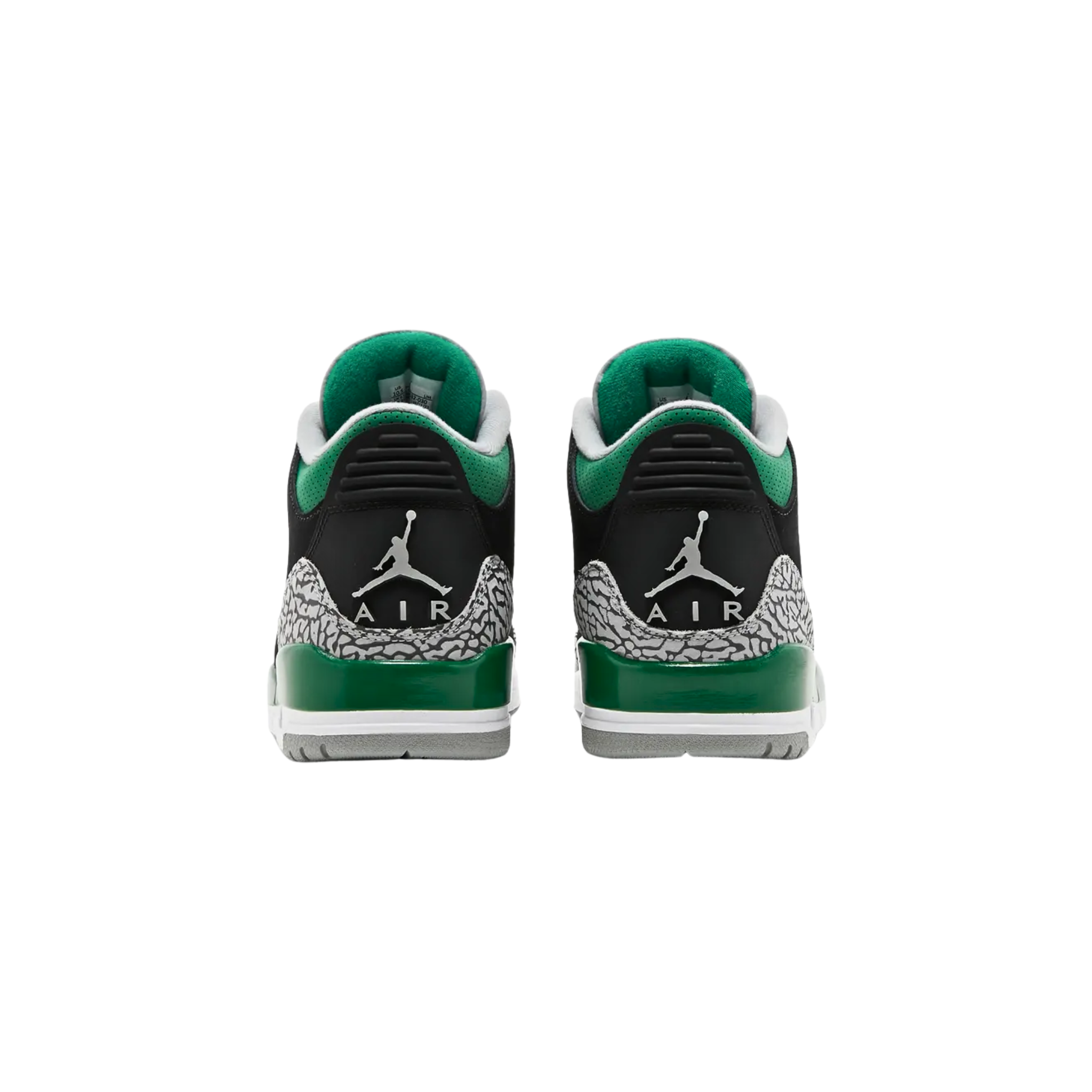 Air Jordan 3 Retro ‘Pine Green’ featuring a black textured nubuck upper with verdant green accents on the molded eyelets, perforated leather collar, and embroidered Jumpman branding. The sneaker includes elephant print forefoot and heel overlays, a molded heel tab with a second Jumpman icon, and a white polyurethane midsole with contrast green detailing and visible Air-sole cushioning under the heel.