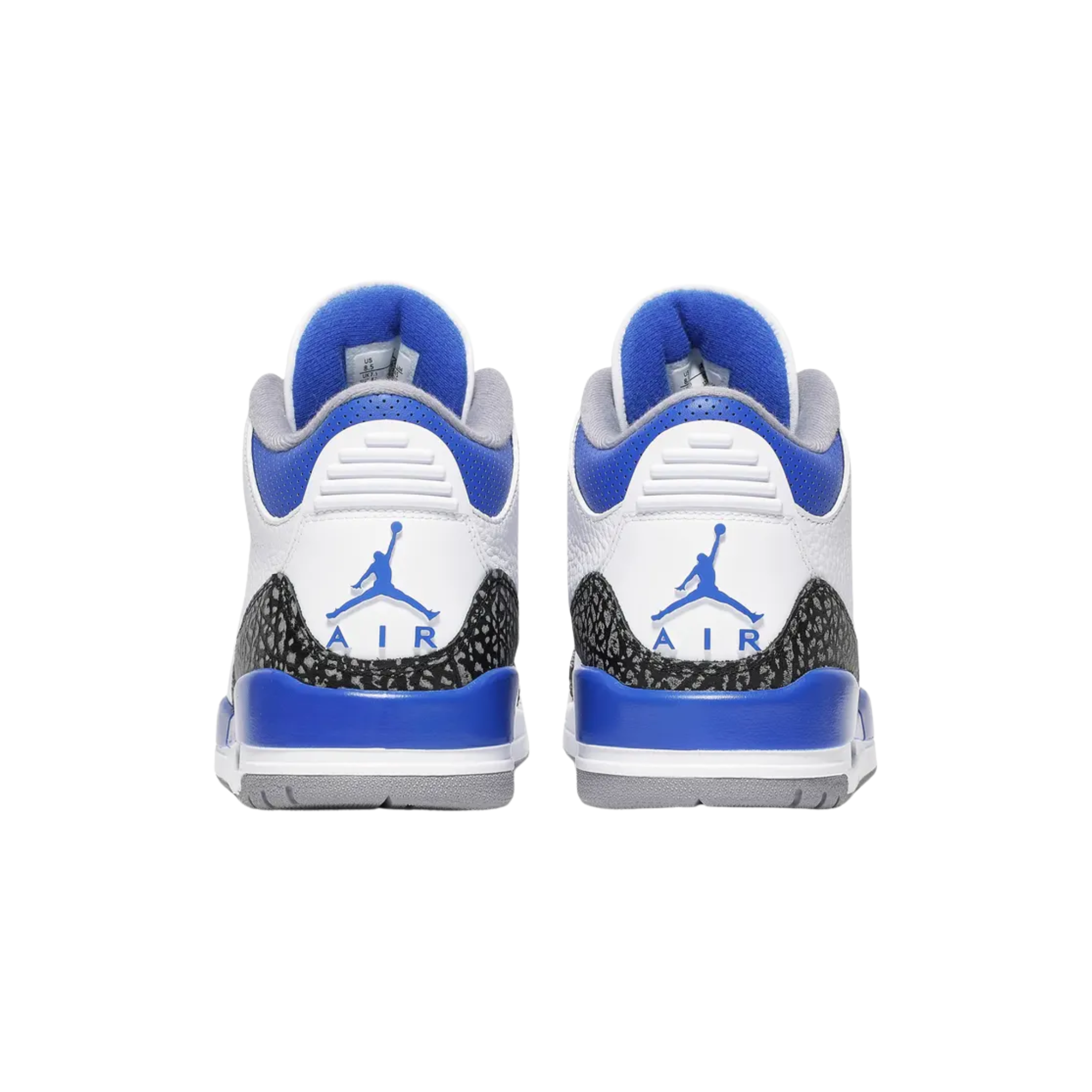 Air Jordan 3 Retro ‘Racer Blue’ featuring a white tumbled leather upper with royal blue detailing on the eyelets, collar, and polyurethane midsole. The sneaker includes visible Air sole cushioning under the heel, Jumpman branding on the tongue and heel, and dual elephant-print overlays with a pronounced crackle pattern.