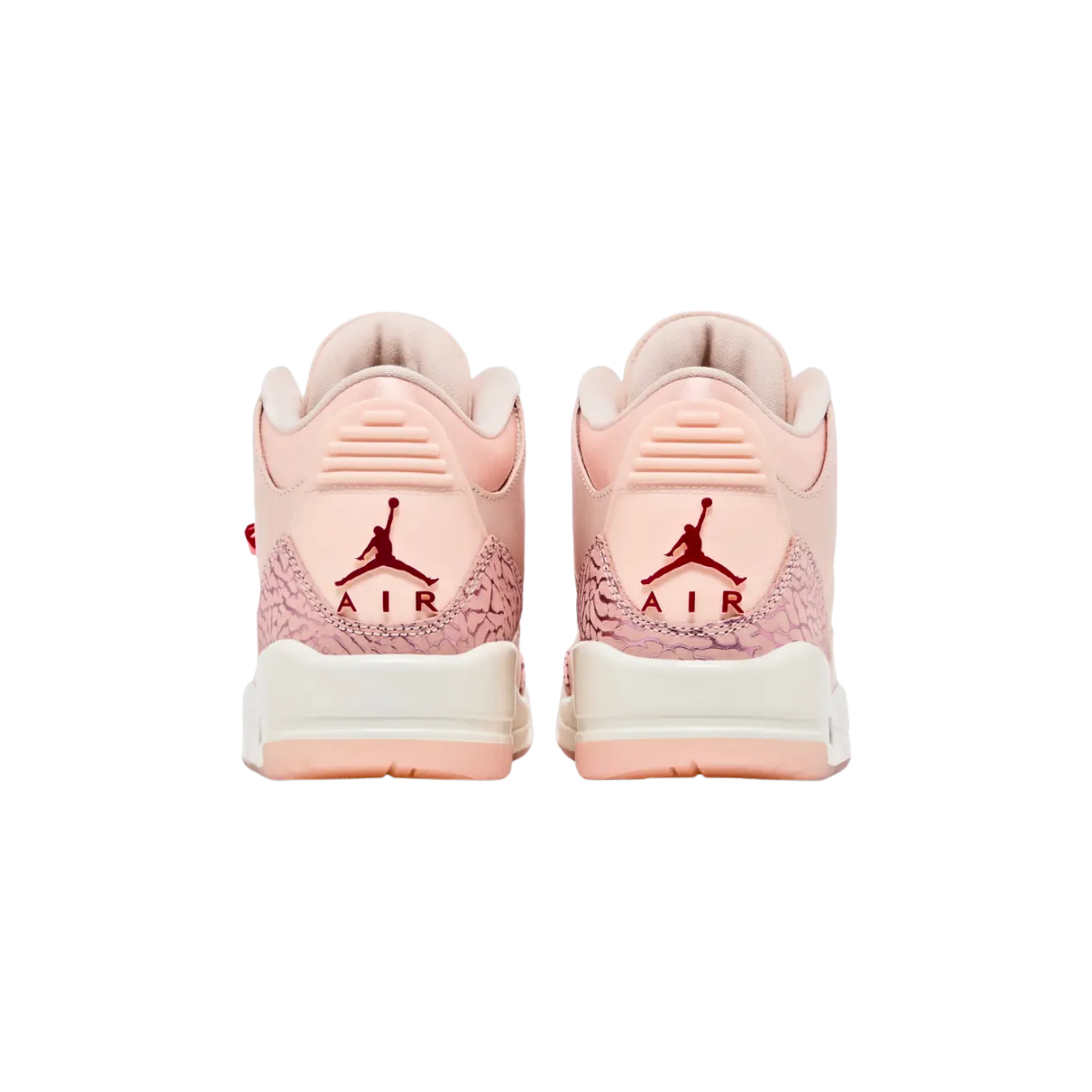Women's Air Jordan 3 Retro 'Treat Yourself' featuring a Washed Coral tumbled leather upper with tonal elephant print overlays, Gym Red molded eyelets, and matching Jumpman branding on the tongue and heel tab. The sneaker includes an off-white polyurethane midsole with a visible Air-sole unit and a pink semi-translucent rubber outsole for traction.