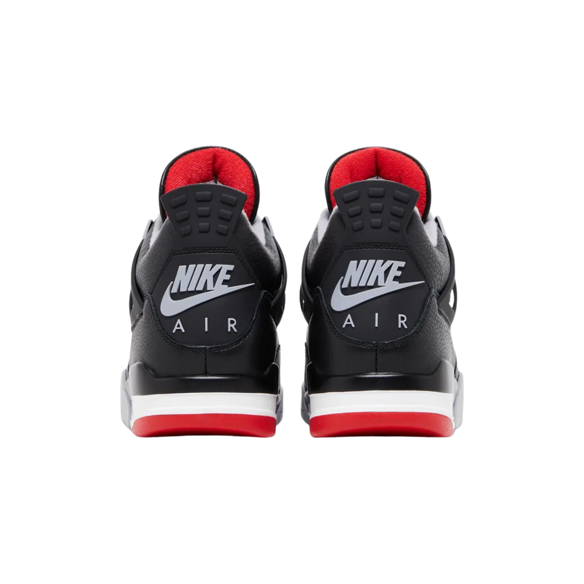 Air Jordan 4 Retro 'Bred Reimagined' featuring a black leather upper with quarter panel netting, grey molded eyelets, and Nike Air branding on the heel tab. The sneaker includes a crimson Jumpman logo on the woven Flight tag, a lightweight polyurethane midsole with encapsulated Air-sole cushioning in the forefoot and an exposed Air unit in the heel, and a pre-distressed rubber outsole with a herringbone traction pattern.