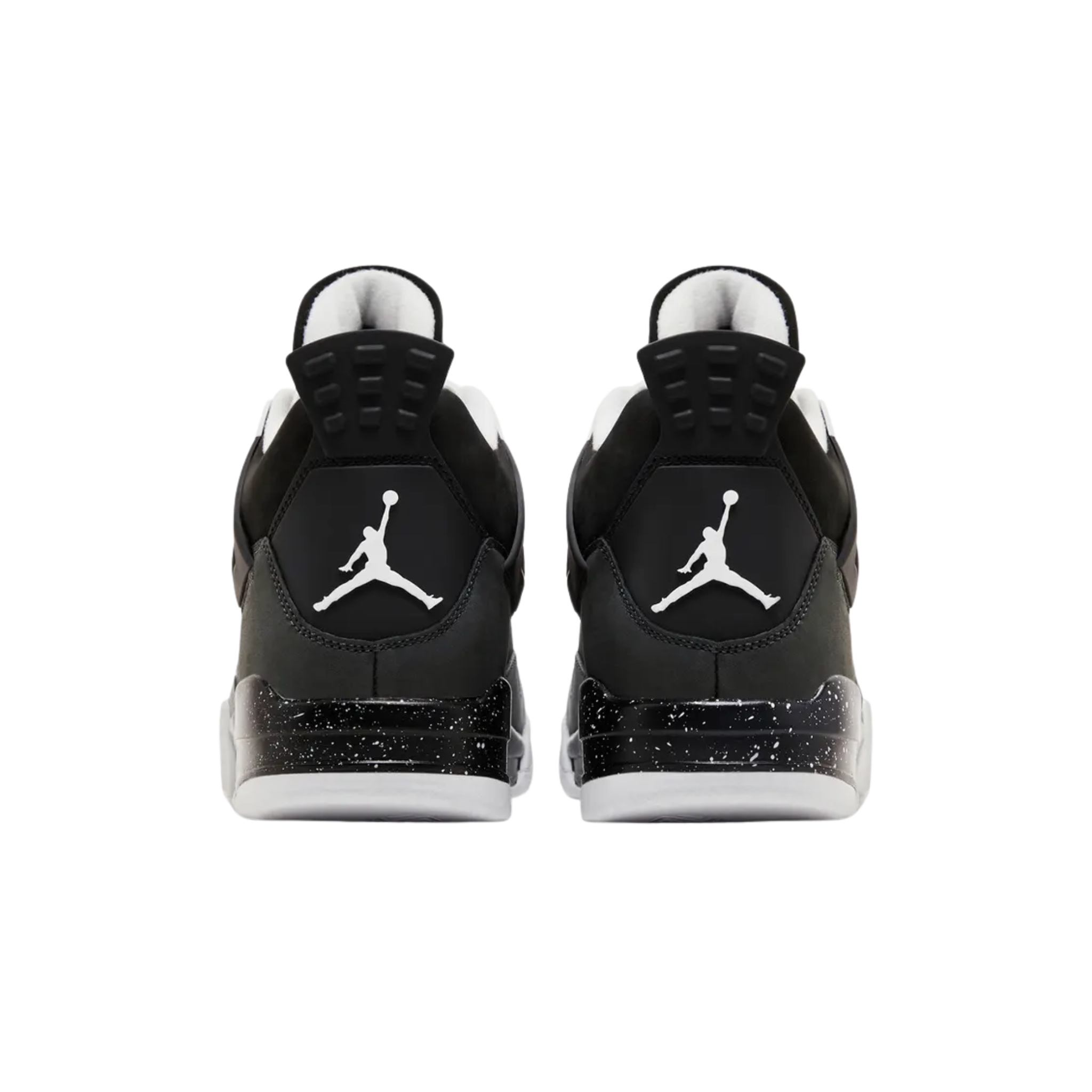 Air Jordan 4 Retro 'Fear' (2024) featuring a smooth nubuck upper with grey mudguard and toe wrap. The sneaker includes white molded eyelets, Jumpman branding on the woven tongue tag and back heel, and white speckled detailing on a black polyurethane midsole with visible Air-sole cushioning in the heel.
