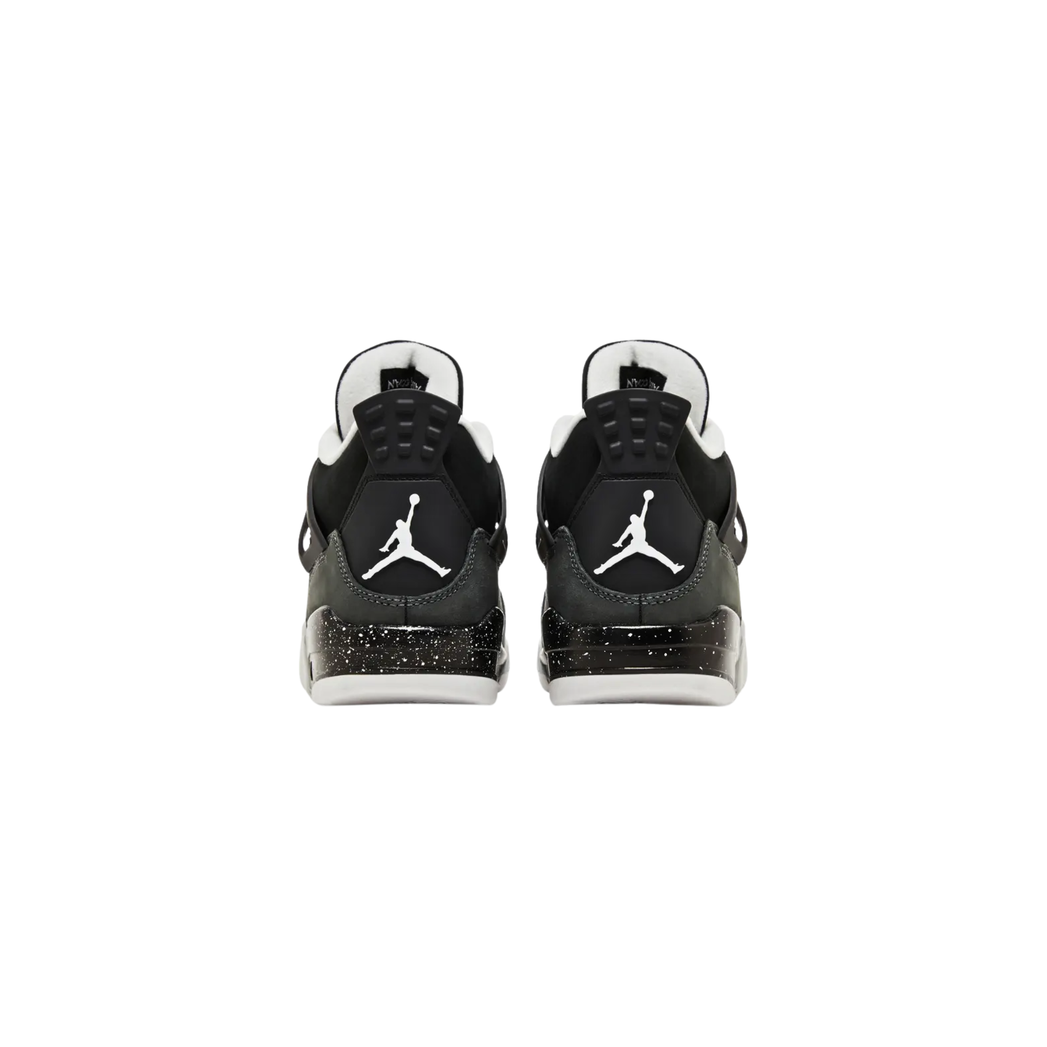 The 2024 Air Jordan 4 Retro GS 'Fear' features a black nubuck upper with Cool Grey and Pure Platinum accents, Jumpman branding on the tongue and heel, and a speckled black midsole with a red-tinged Air-sole unit.