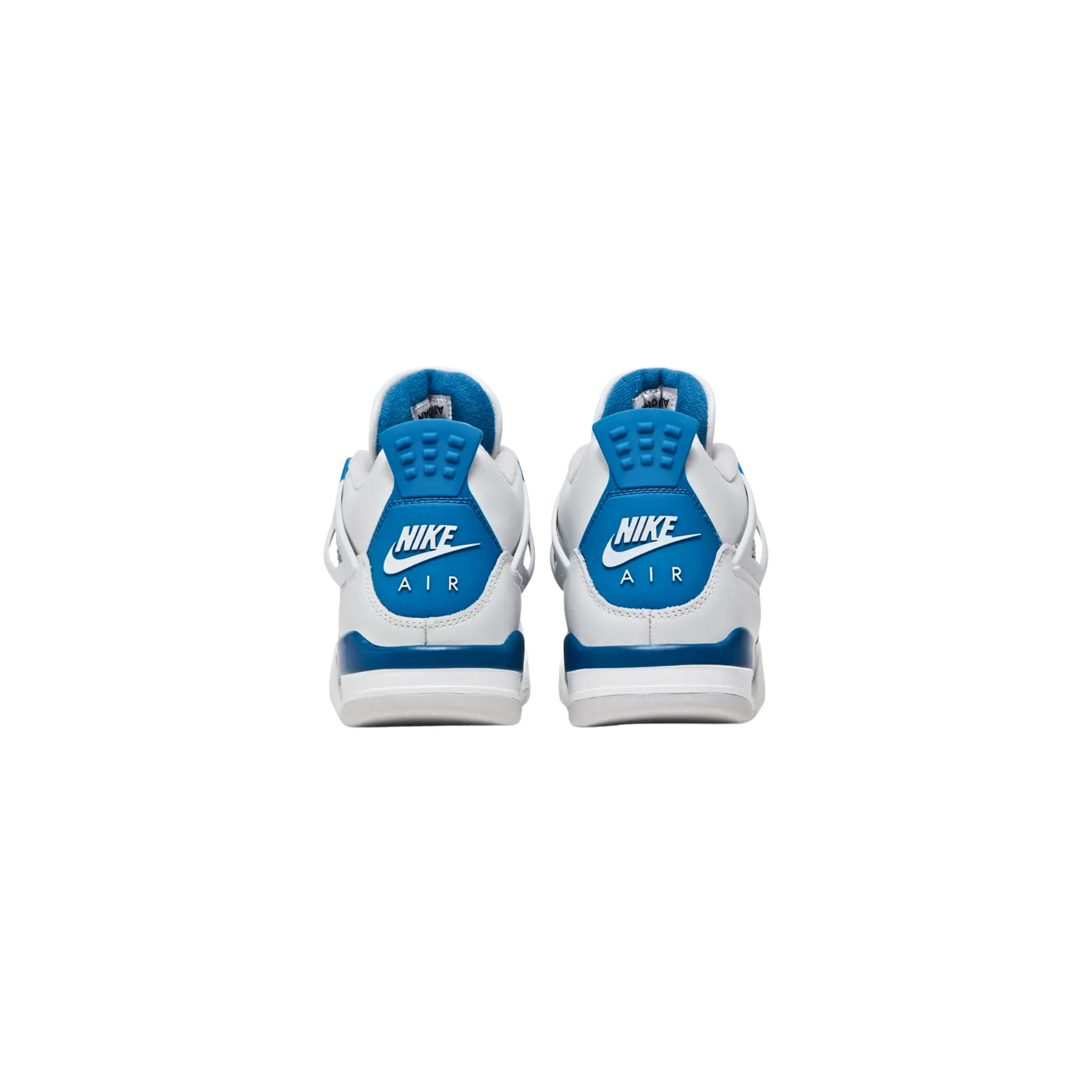 The 2024 reissue of the Air Jordan 4 Retro GS ‘Military Blue’ features an off-white leather upper with TPU support wings, blue accents on the eyelets, tongue tag, and back tab with Nike Air branding, and a polyurethane midsole with exposed Air-sole cushioning in the heel.