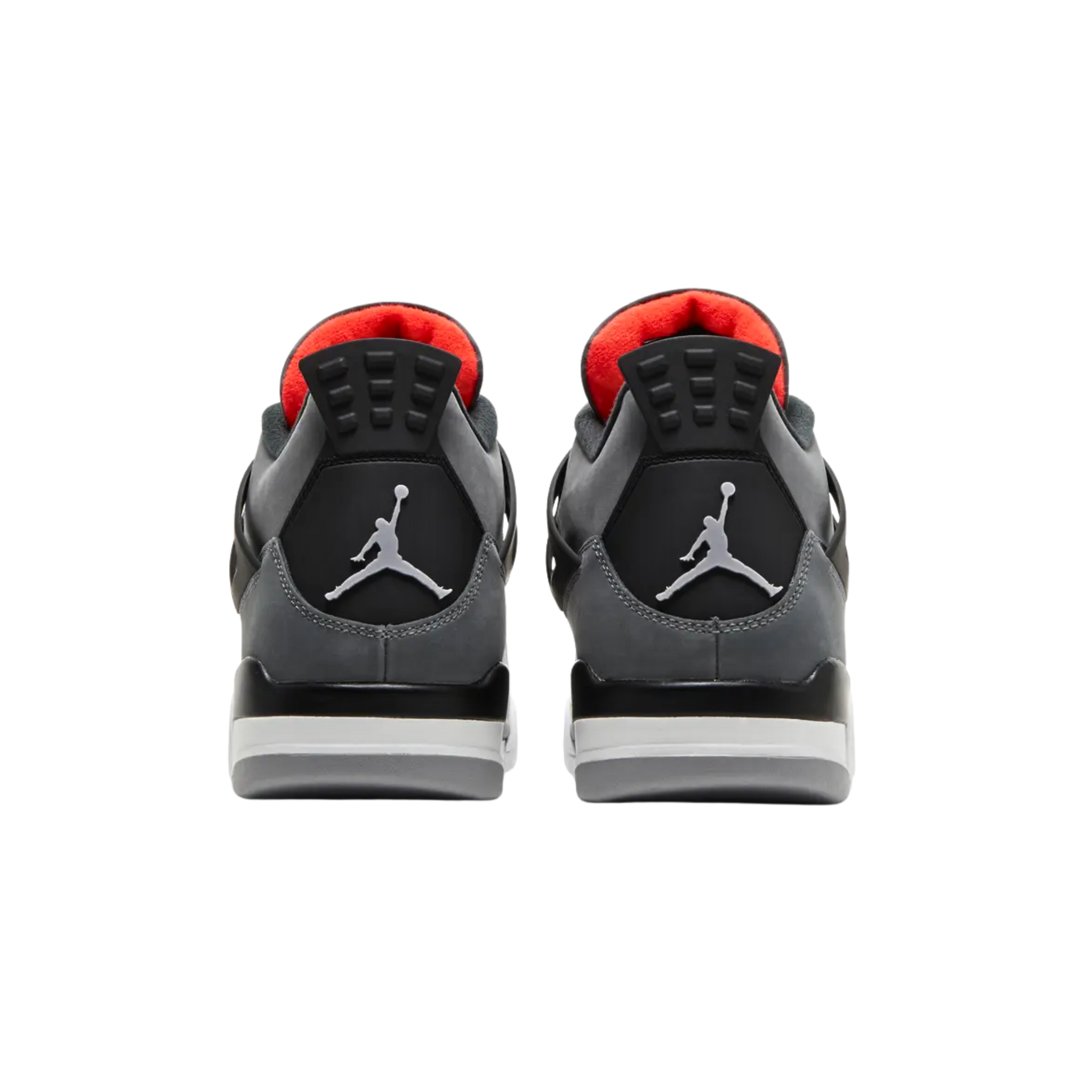 Air Jordan 4 Retro ‘Infrared’ featuring a charcoal nubuck upper with a lighter grey forefoot overlay, black accents on the quarter panel netting, structural wings, and Jumpman-branded heel tab. The sneaker includes infrared accents on the woven tongue tag and molded eyelets, with a polyurethane midsole featuring visible Air-sole cushioning in the heel.