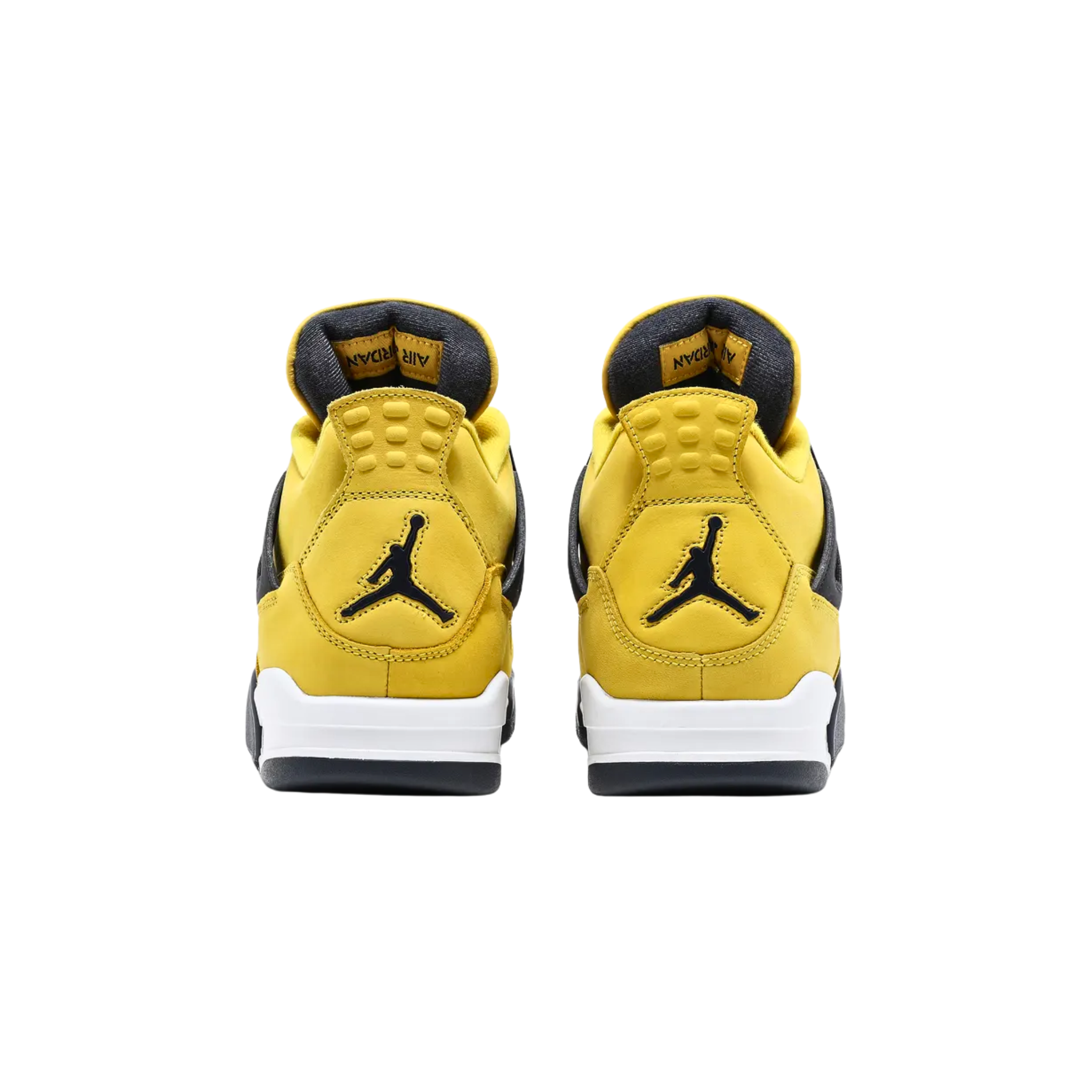 2021 Air Jordan 4 Retro ‘Lightning’ featuring a bright yellow nubuck upper with black netting and dark grey structural wings. The sneaker includes matching grey accents on the woven tongue tag, interior tongue, and Jumpman branding at the heel. It sits on a white PU midsole with visible Air-sole cushioning and a dark grey herringbone rubber outsole.
