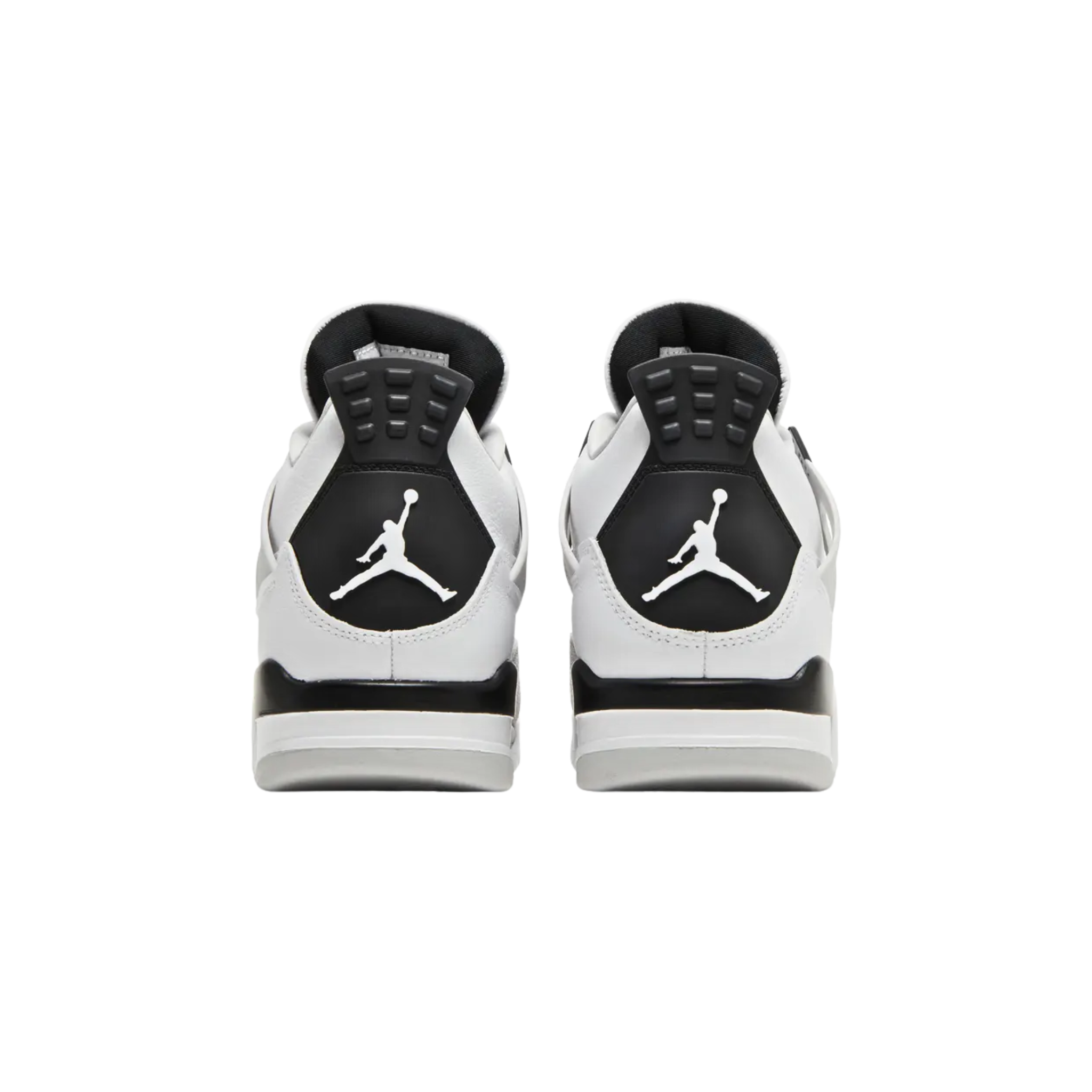 Air Jordan 4 Retro ‘Military Black’ featuring a smooth white leather upper with a grey suede forefoot overlay. The sneaker includes black accents on the TPU eyelets, molded heel tab, and Jumpman logo on the woven tongue tag. It is mounted on a two-tone polyurethane midsole with a visible Air-sole unit under the heel for cushioning.