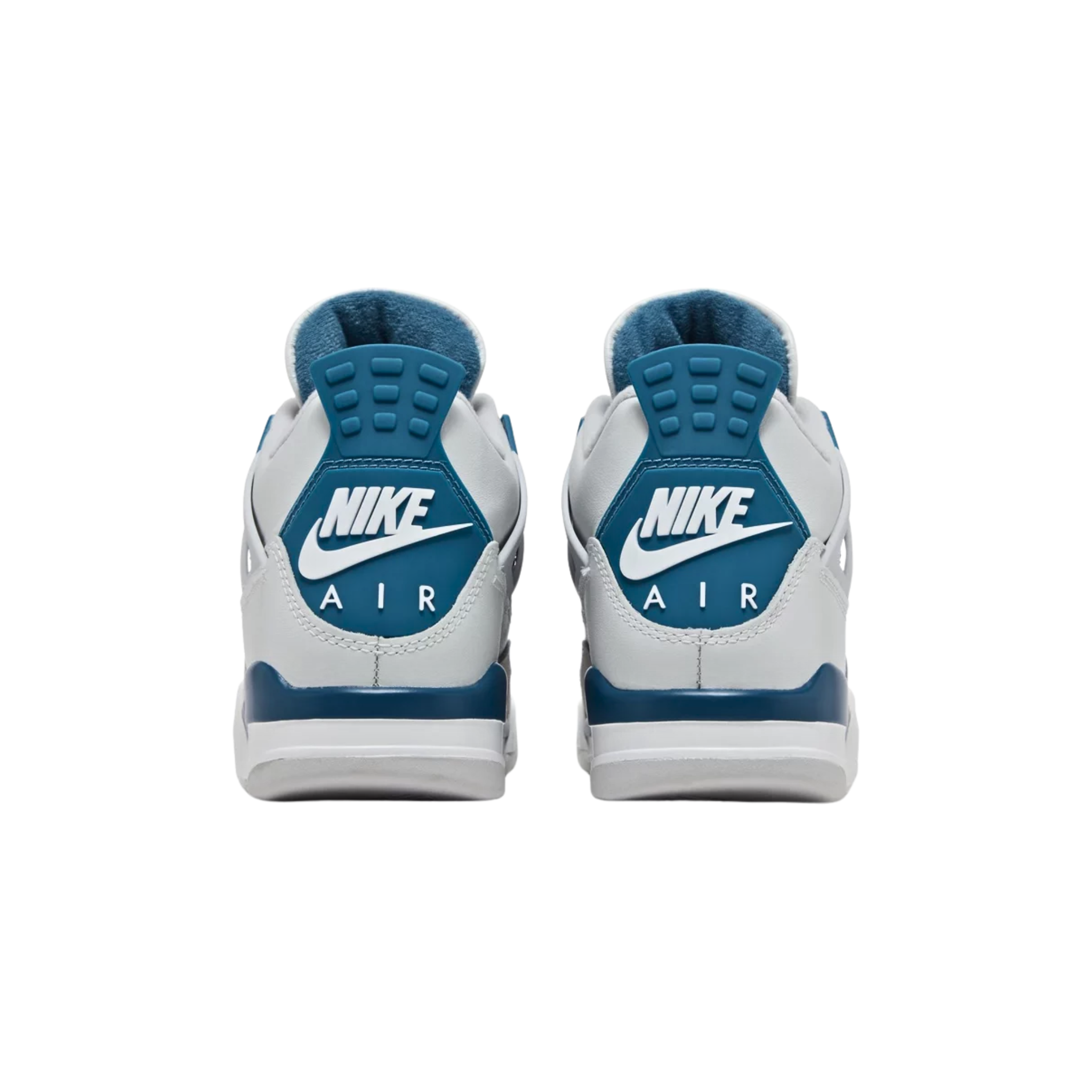 Air Jordan 4 Retro 'Military Blue' (2024) featuring a smooth off-white leather upper with quarter panel netting and a tonal nubuck forefoot overlay. The sneaker includes a vibrant blue Jumpman logo on the woven tongue tag, matching blue molded eyelets, and a back tab with Nike Air branding. It sits on a lightweight polyurethane midsole with encapsulated Air-sole cushioning in the forefoot and a visible Air bag in the heel.