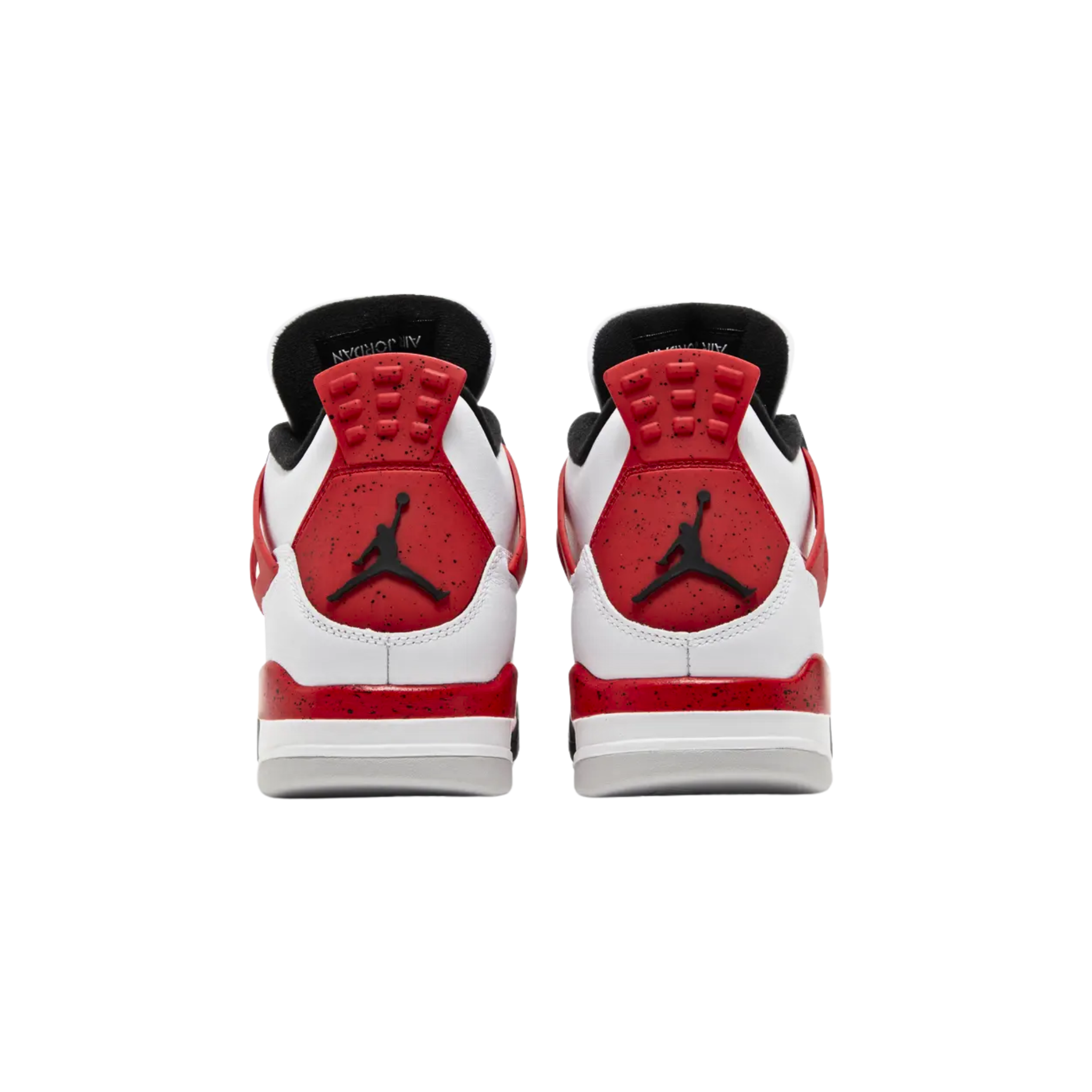 Air Jordan 4 Retro 'Red Cement' featuring a white leather upper with tonal quarter panel netting, black accents on the molded eyelets and interior lining, and vibrant Fire Red highlights on the support wings, midsole, and heel tab. The sneaker includes black speckled detailing, embossed Jumpman branding on the heel tab, a Jumpman logo on the Flight tongue tag, and a herringbone-traction rubber outsole for superior grip.