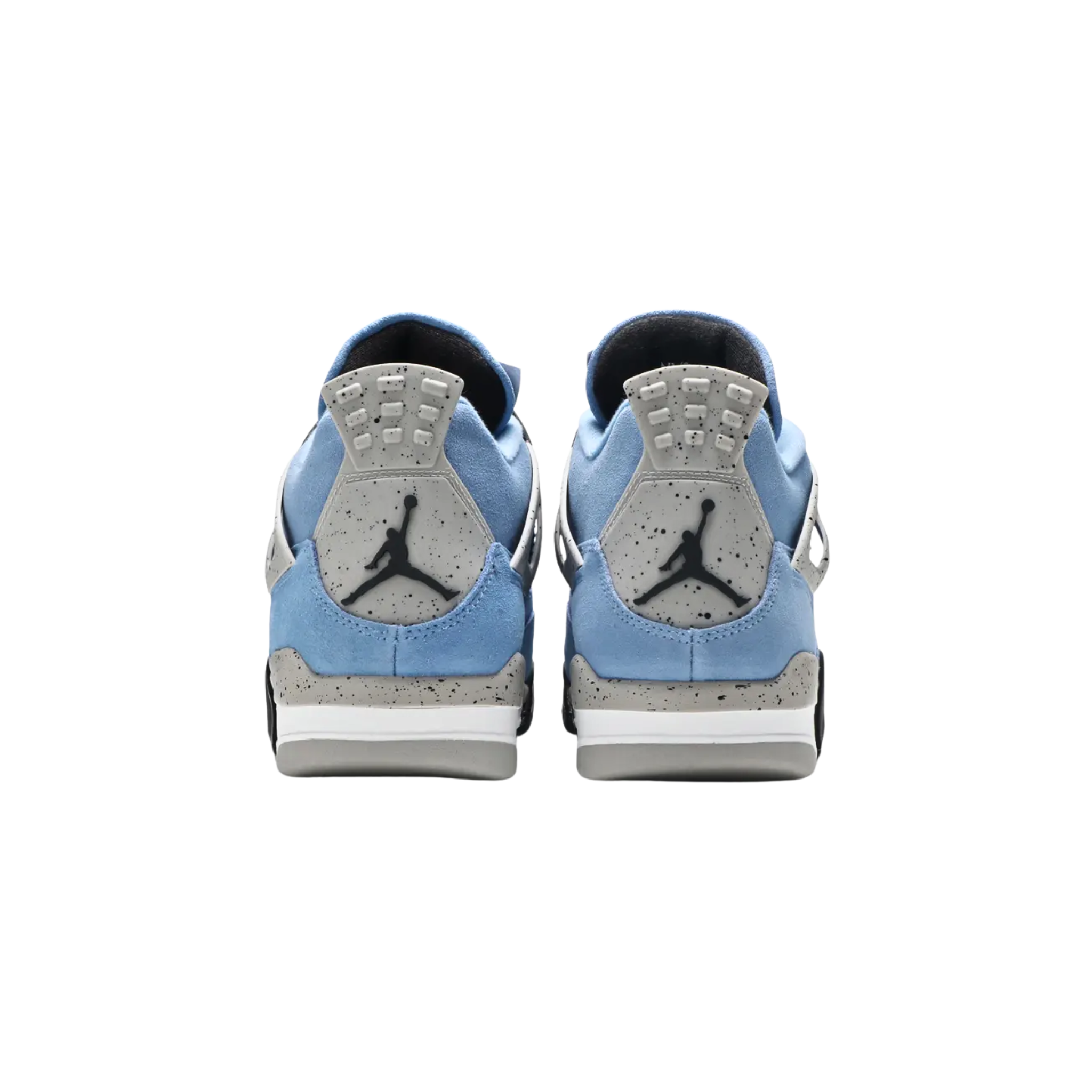 Air Jordan 4 Retro 'University Blue' featuring a suede upper in bright blue, contrasted by speckled grey supportive wings and back heel. The heel displays a raised black Jumpman icon, while secondary Jumpman branding appears on the woven tongue tag, designed to resemble a jock tag from Jordan jerseys.