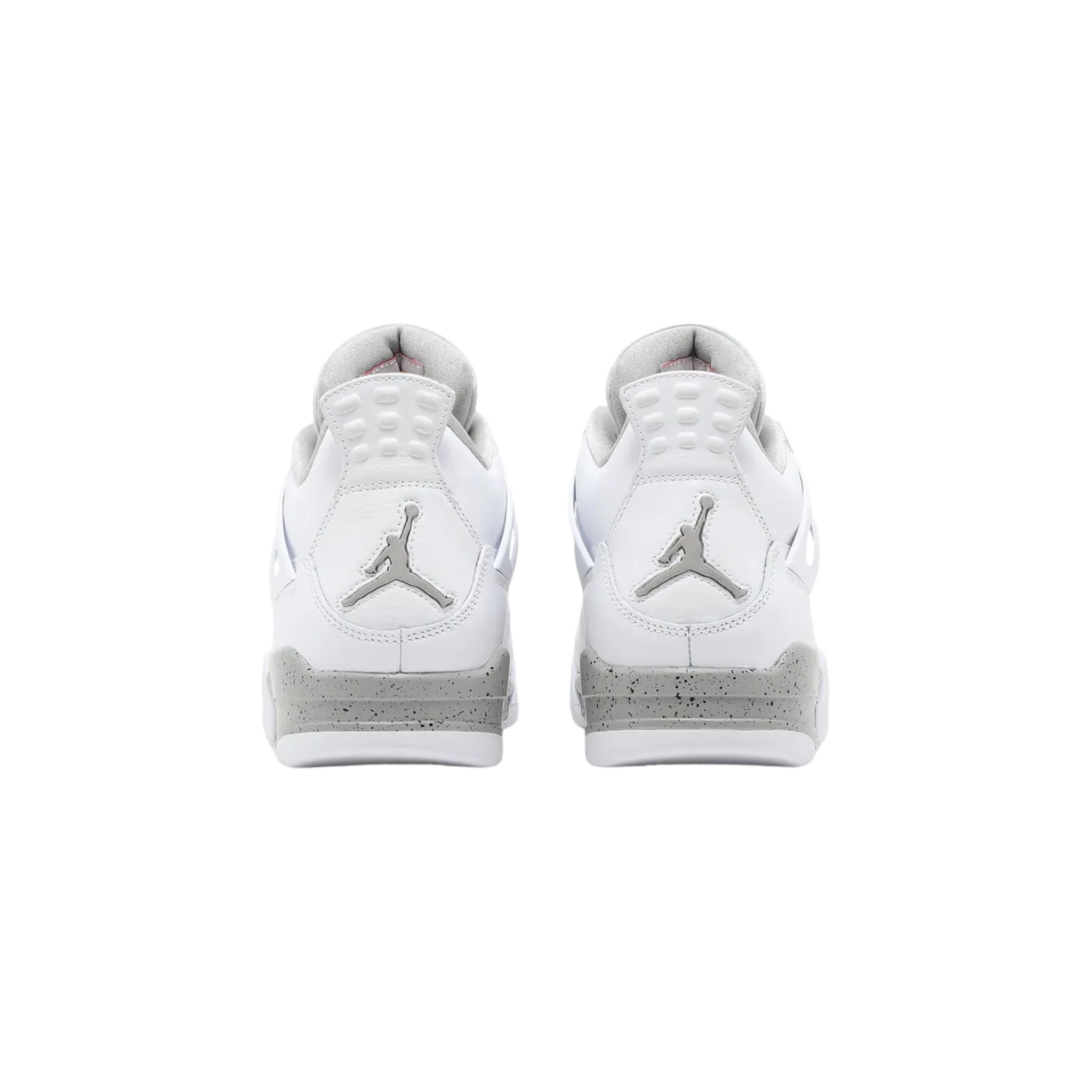 Air Jordan 4 Retro ‘White Oreo’ featuring a white tumbled leather upper with speckled molded eyelets in Tech Grey. The sneaker includes a polyurethane midsole with encapsulated Air cushioning in the forefoot, a visible Air unit in the heel, and Fire Red Jumpman branding on the tongue and heel.