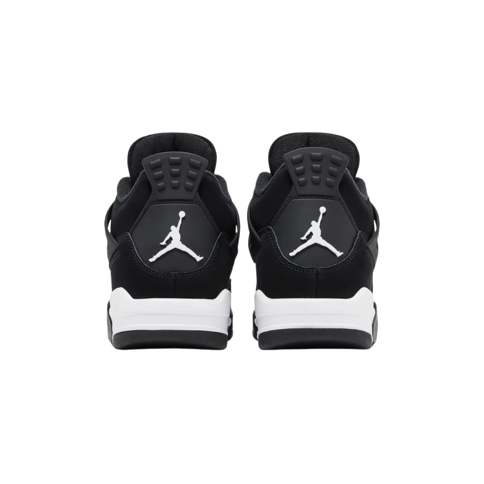 Air Jordan 4 Retro 'White Thunder' featuring a black suede upper with white accents on the molded eyelets and mesh quarter panel with black netting. The sneaker includes white Jumpman logos on the woven tongue tag and molded heel panel, a white polyurethane midsole with a visible Air-sole heel unit, and a black herringbone-traction rubber outsole.