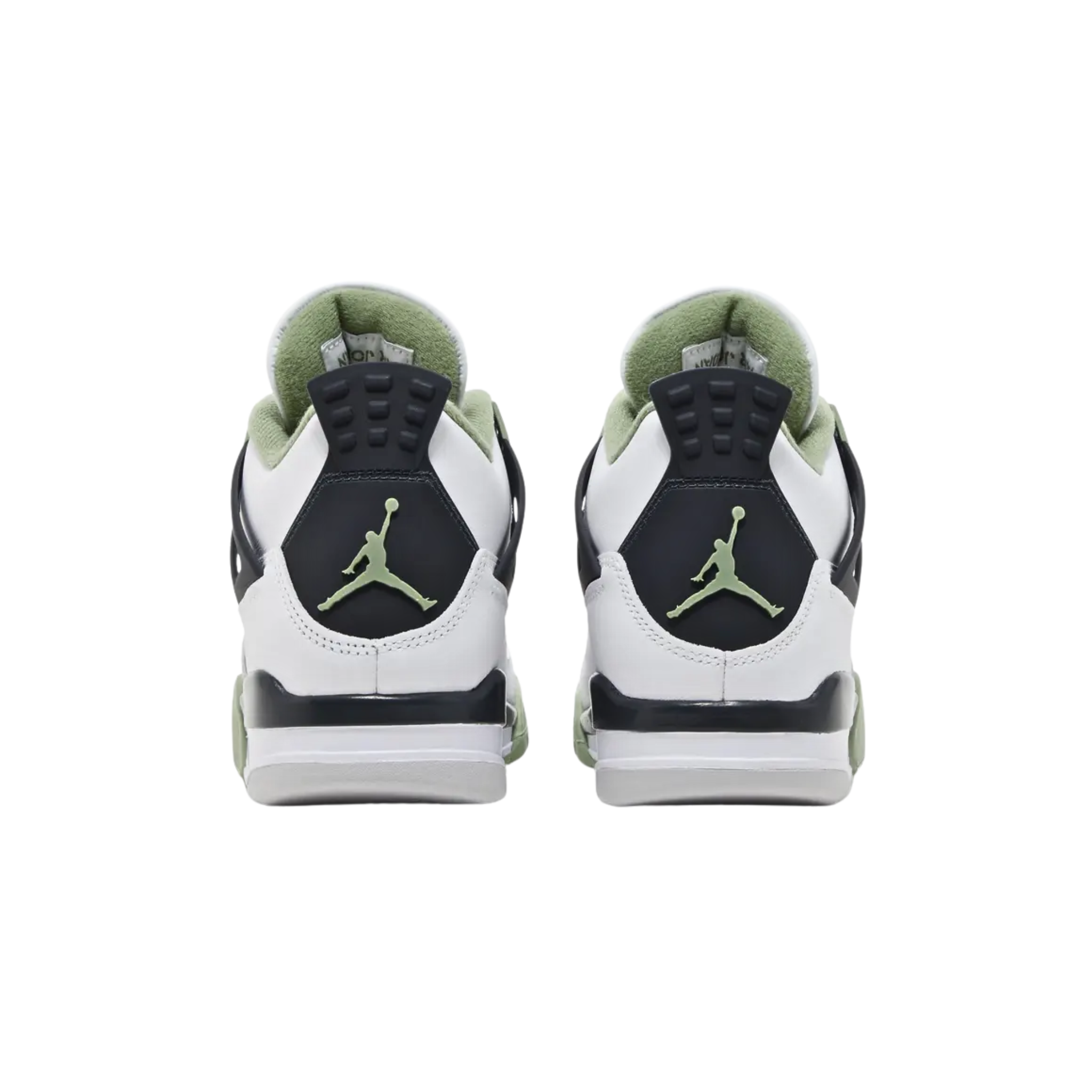 Women’s Air Jordan 4 Retro ’Seafoam’ featuring a smooth white leather upper with Oil Green accents on the eyelets, interior lining, and Jumpman branding on the Flight tongue tag and molded heel tab. The sneaker includes quarter panel netting, support wings, a polyurethane midsole with a visible Air-sole unit in the heel, and a green accent throughout the forefoot.