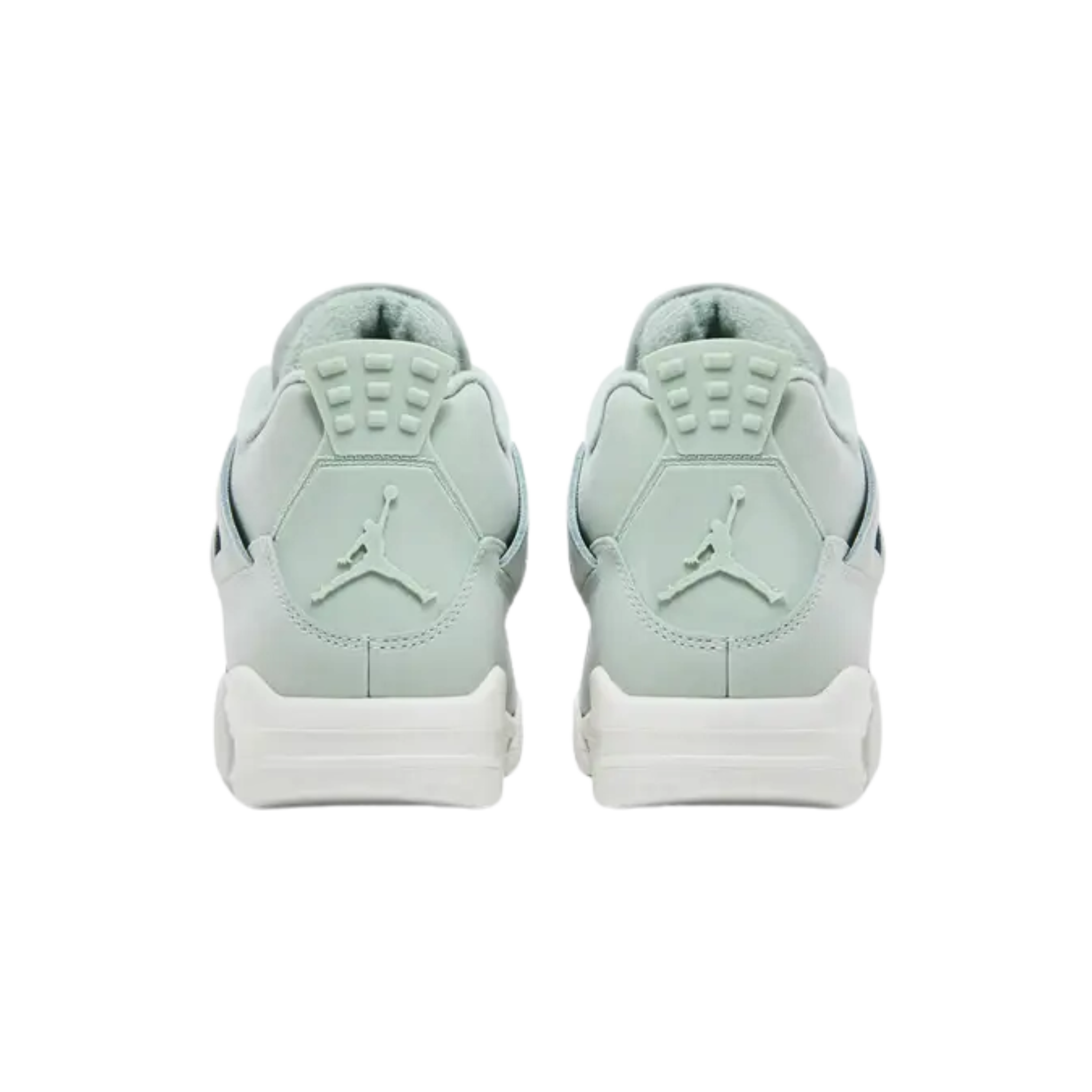 Women's Air Jordan 4 Retro 'Seafoam Sail' sneaker featuring a pale green leather upper, breathable netted quarter panels, and tonal Jumpman branding on the tongue and heel tab. Metallic silver molded eyelets complement the off-white polyurethane midsole with a visible Air-sole unit in the heel.