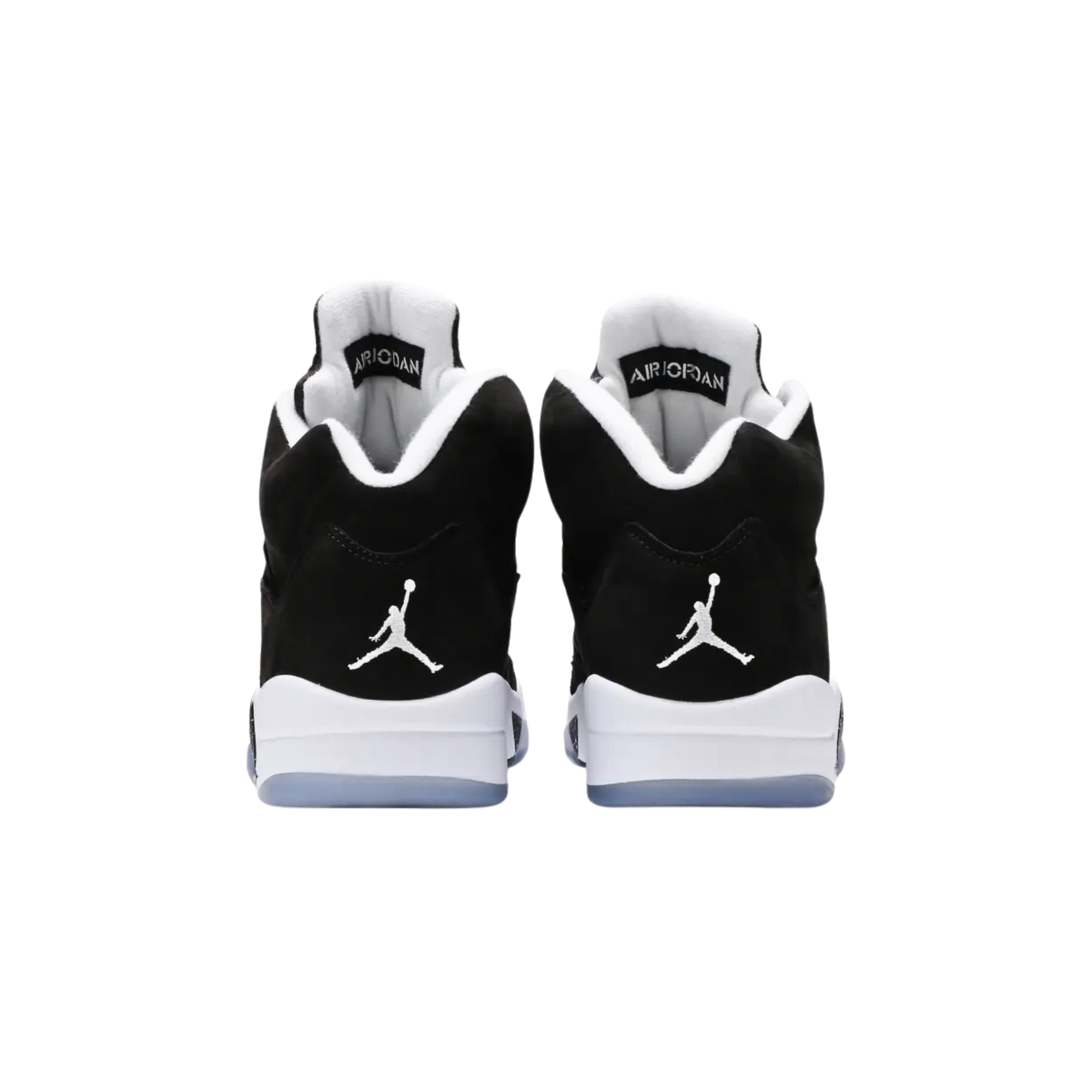 2021 Air Jordan 5 Retro ‘Moonlight’ featuring a black suede upper with tonal TPU eyelets, translucent quarter panel netting, and a grey Jumpman embroidered on the tongue. The sneaker includes contrasting white accents on the collar lining, interior tongue, and Jumpman heel branding. It sits on a white polyurethane midsole with a visible Air unit in the heel and black shark-tooth detailing with white speckles. The icy rubber outsole provides stop-and-go traction.