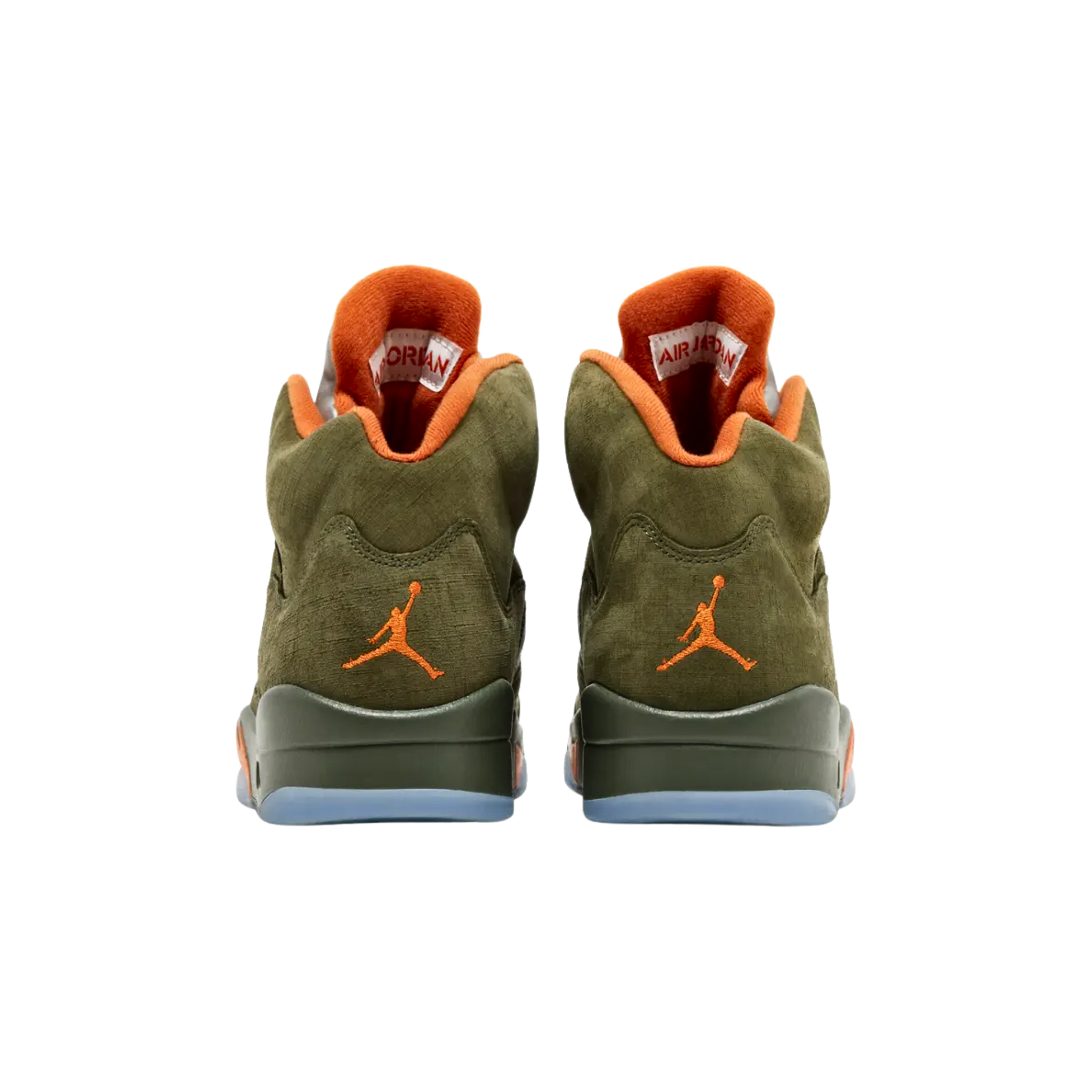 Air Jordan 5 Retro 'Olive' (2024) featuring a textured olive green suede upper with tonal molded eyelets and breathable quarter panel netting. The sneaker includes contrasting orange accents on the interior lining, Jumpman logos on the back heel and reflective tongue, and orange shark-tooth detailing on the olive polyurethane midsole with visible Air-sole cushioning and a translucent rubber outsole.