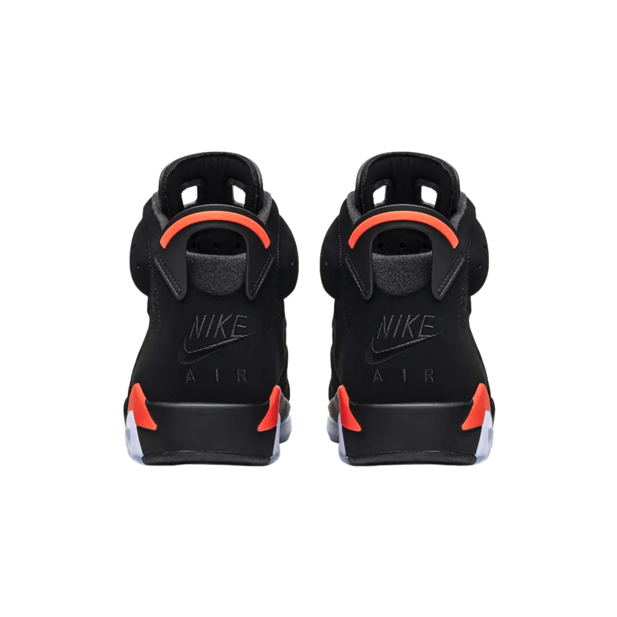 The 2019 Air Jordan 6 Retro ‘Infrared’ features a black nubuck upper with reflective 3M layering, accented by Infrared hits on the midsole, heel tab, and lace lock. Nike Air branding on the heel and sockliner completes the OG-inspired design.