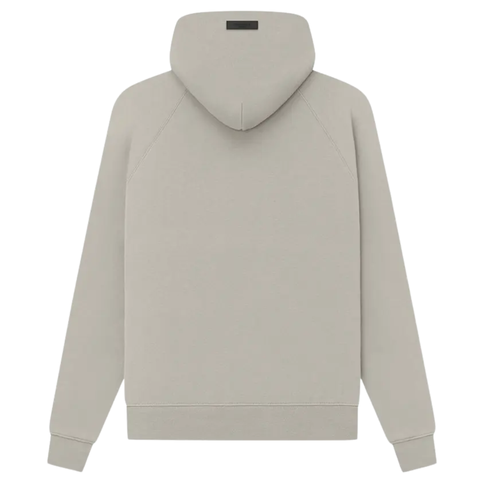The Fear of God Essentials Hoodie from SS23 in Seal colorway features a minimalist design with a flocked "Essentials" logo in sans-serif lettering across the front. Made from cotton-rich fleece, it includes a rubberized brand patch on the hood, offering a stylish, comfortable fit perfect for casual wear.
