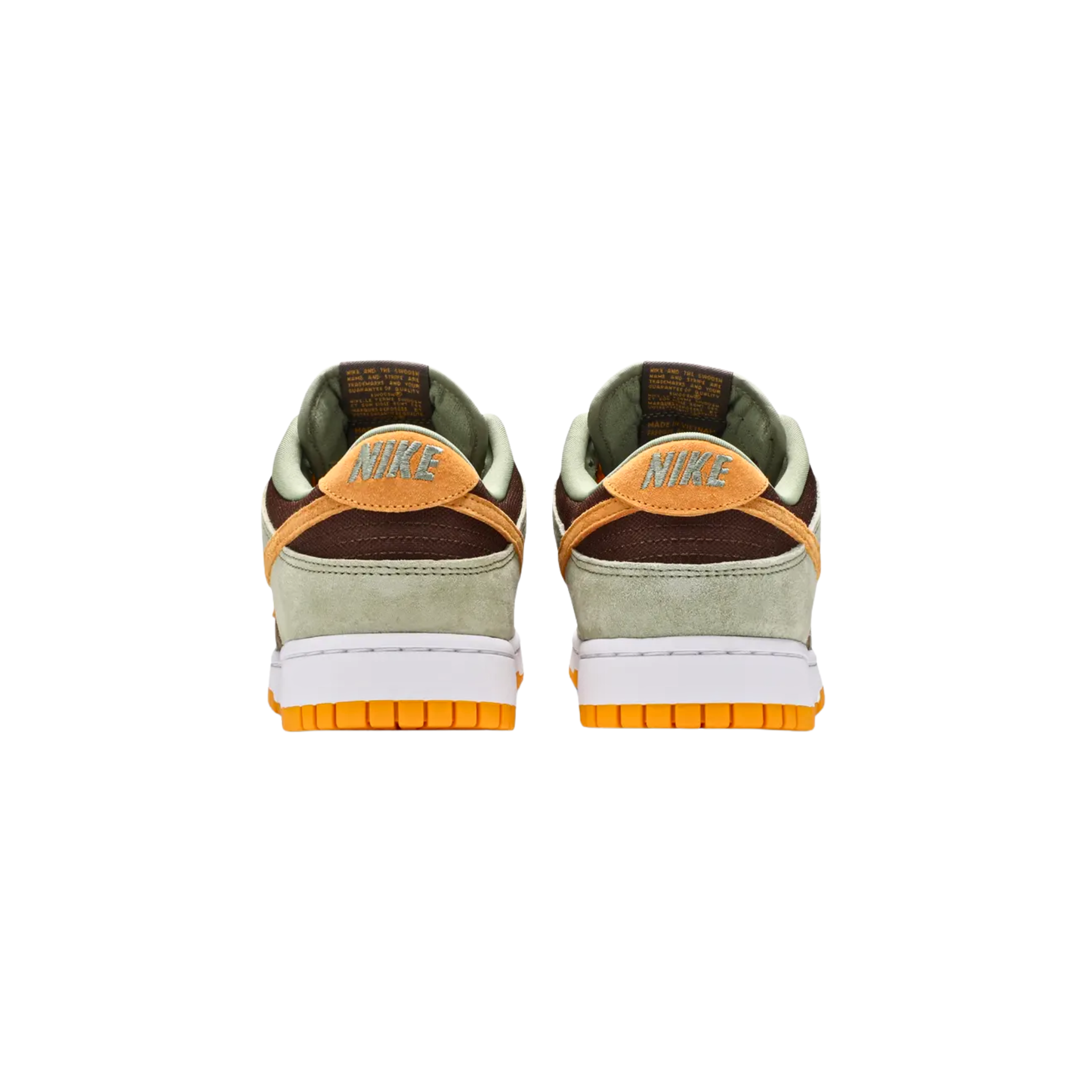 The Nike Dunk Low ‘Dusty Olive’ features a buttery suede upper with a rustic brown base, pale green overlays, and bright orange accents on the Swoosh, heel tab, and laces. A woven Nike tag decorates the tongue, while the collar is made of brown nylon. The sneaker's multi-tone build is complemented by a crisp white rubber midsole and a colorful outsole that adds the final pop of style.