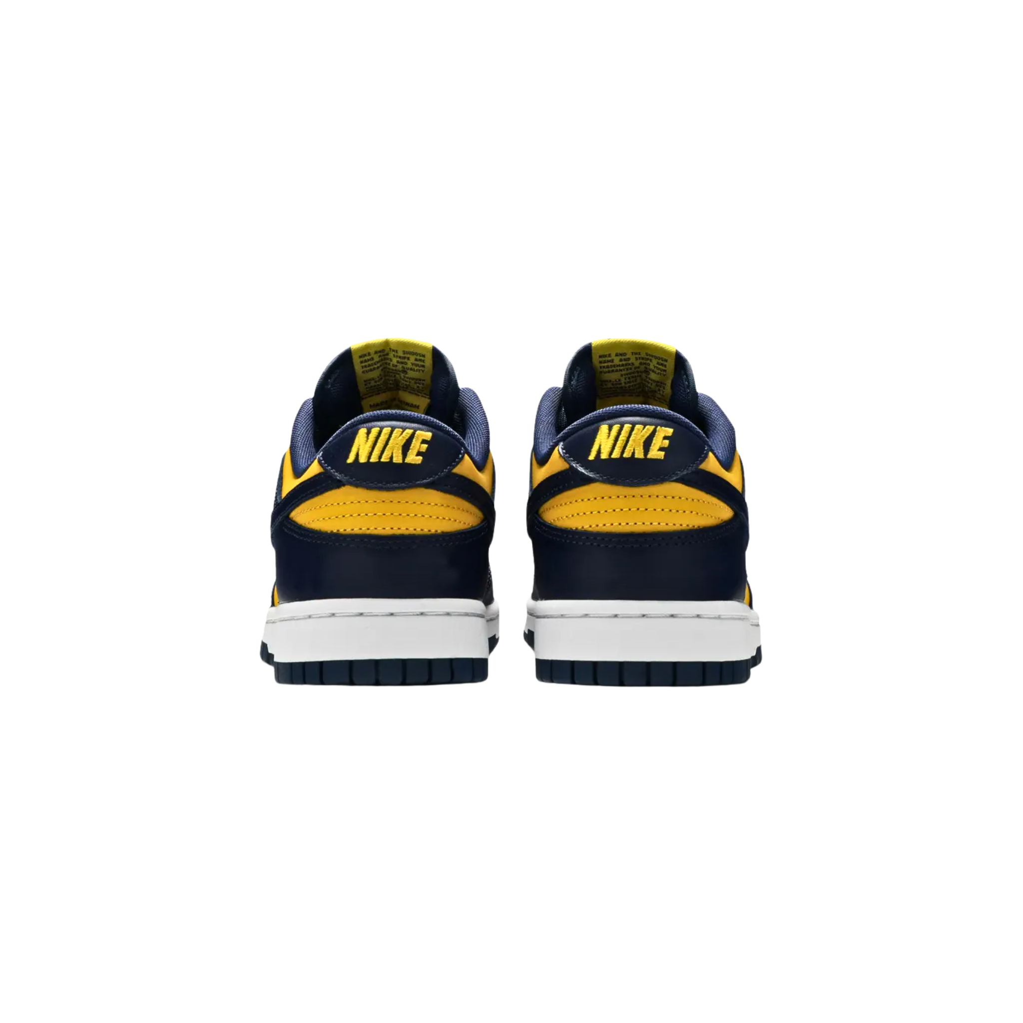 The 2021 Nike Dunk Low 'Michigan' revives a classic 'Be True to Your School' colorway from 1985, featuring a rich Varsity Maize leather upper with contrasting Midnight Navy accents on the Swoosh and forefoot and heel overlays. The low-top silhouette offers a low-cut collar and breathable nylon tongue, both branded with traditional Nike logos, providing padded comfort and a retro-inspired look.