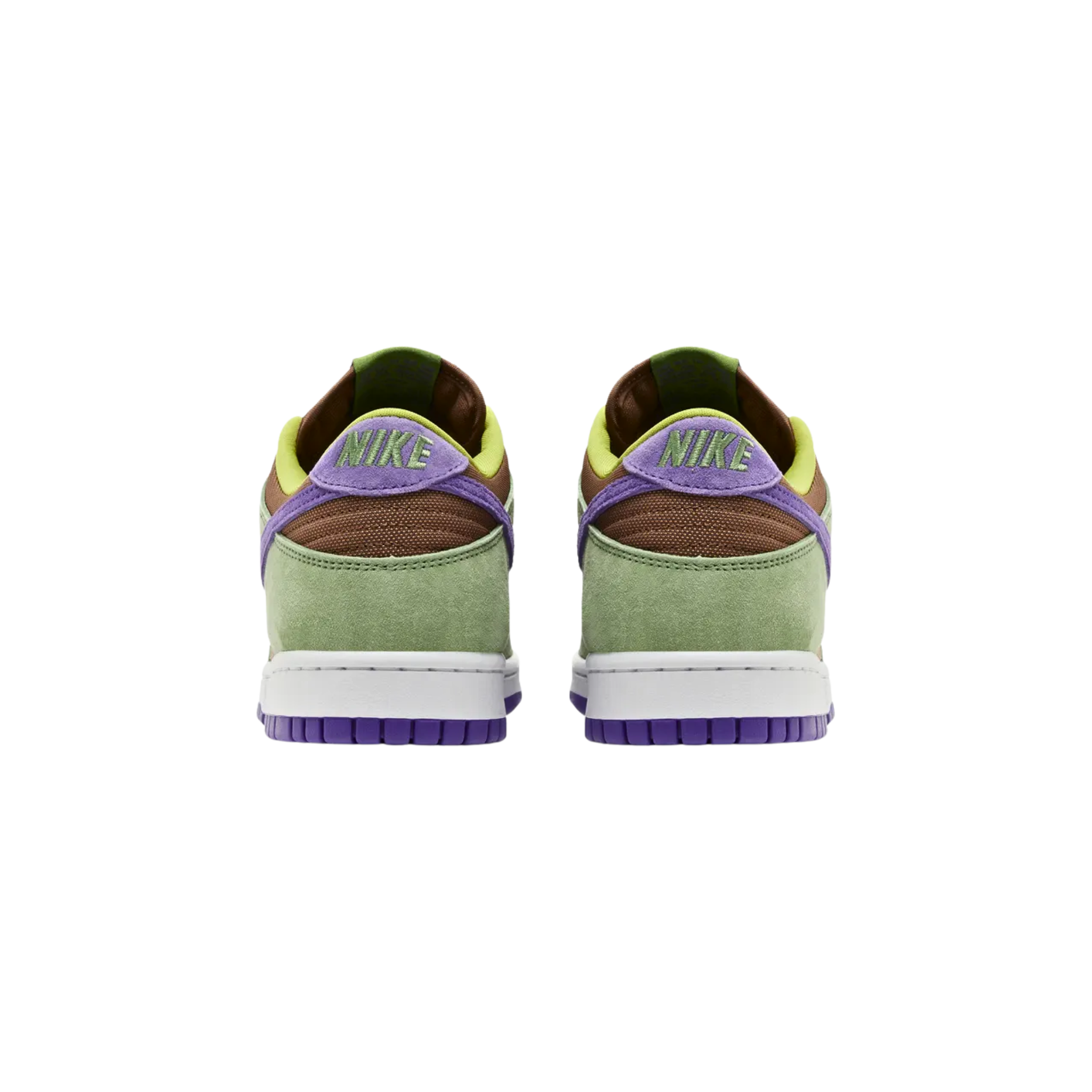 The 2024 Nike Dunk Low SP Retro 'Veneer' revives the classic colorway from the 2001 CO.JP 'Ugly Duckling Pack.' This low-top sneaker features a brown suede upper with contrasting green overlays and a purple Swoosh. A lime green collar lining and insole are adorned with Nike branding, with additional Nike logo details on the woven tongue tag and back tab. The rubber cupsole pairs white sidewalls with a grippy violet rubber outsole, combining style and performance.