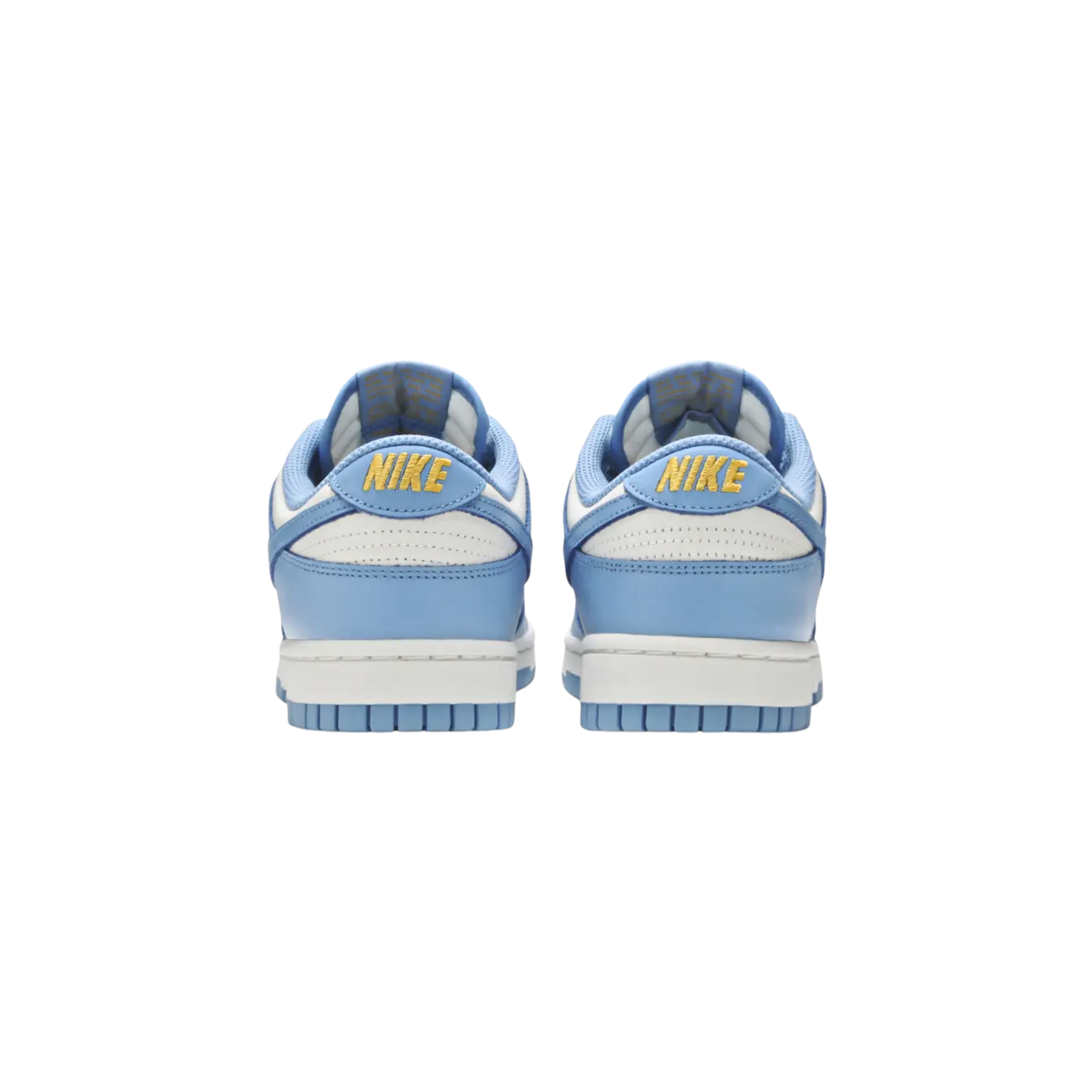 The Nike Women’s Dunk Low ‘Coast’ features traditional two-tone color blocking with a white leather base and vibrant blue overlays. Perforated detailing on the toe box adds texture, while yellow Nike branding on the heel tab and woven tongue tag adds a pop of color. The sneaker rests on a low-profile midsole and is supported by a rubber outsole with concentric circle tread for enhanced grip and style.