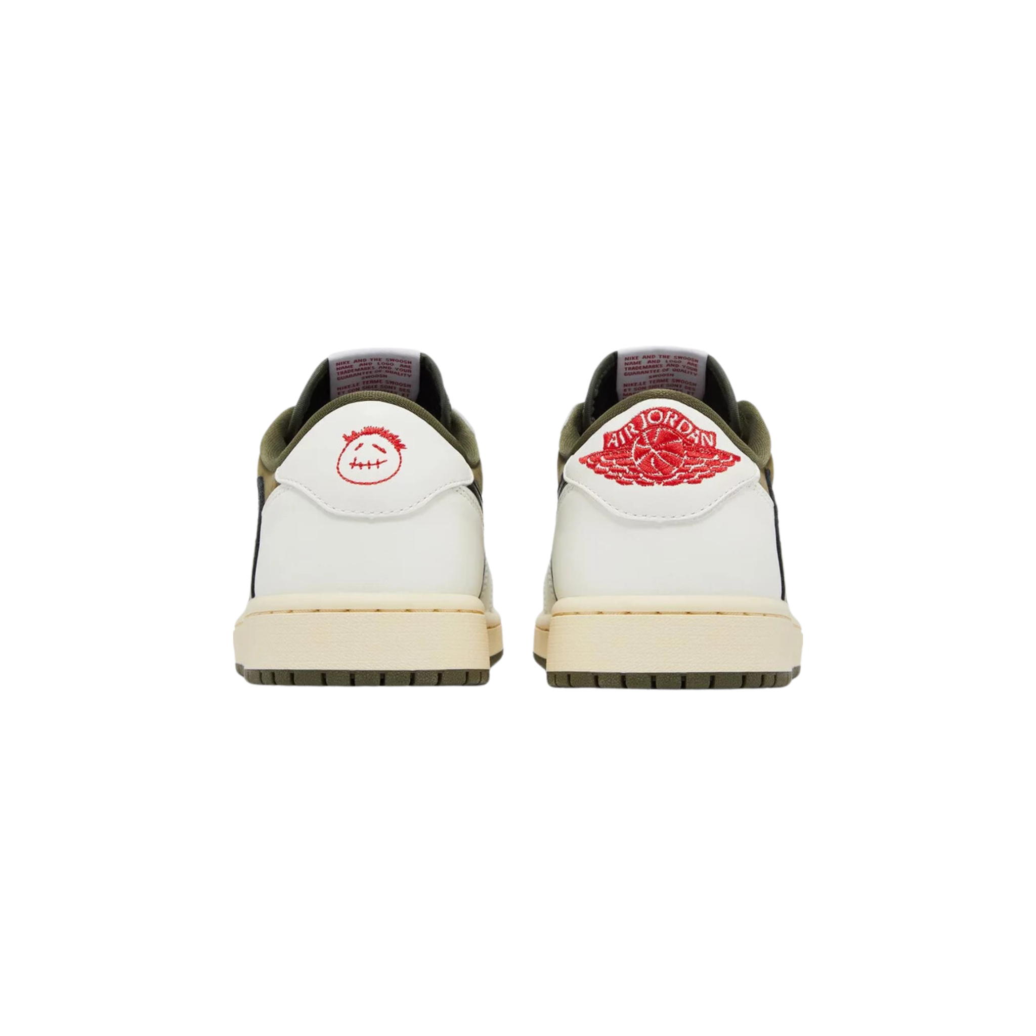 Travis Scott x Air Jordan 1 Retro Low OG SP 'Reverse Olive / Medium Olive' featuring an olive green suede base with chalk white leather overlays and a black tumbled leather reverse Swoosh. The sneaker includes crimson accents on the Nike Air tongue tag, mismatched Jordan Wings and Cactus Jack branding on the leather back tabs, and a vintage off-white midsole with an olive rubber outsole for grip.
