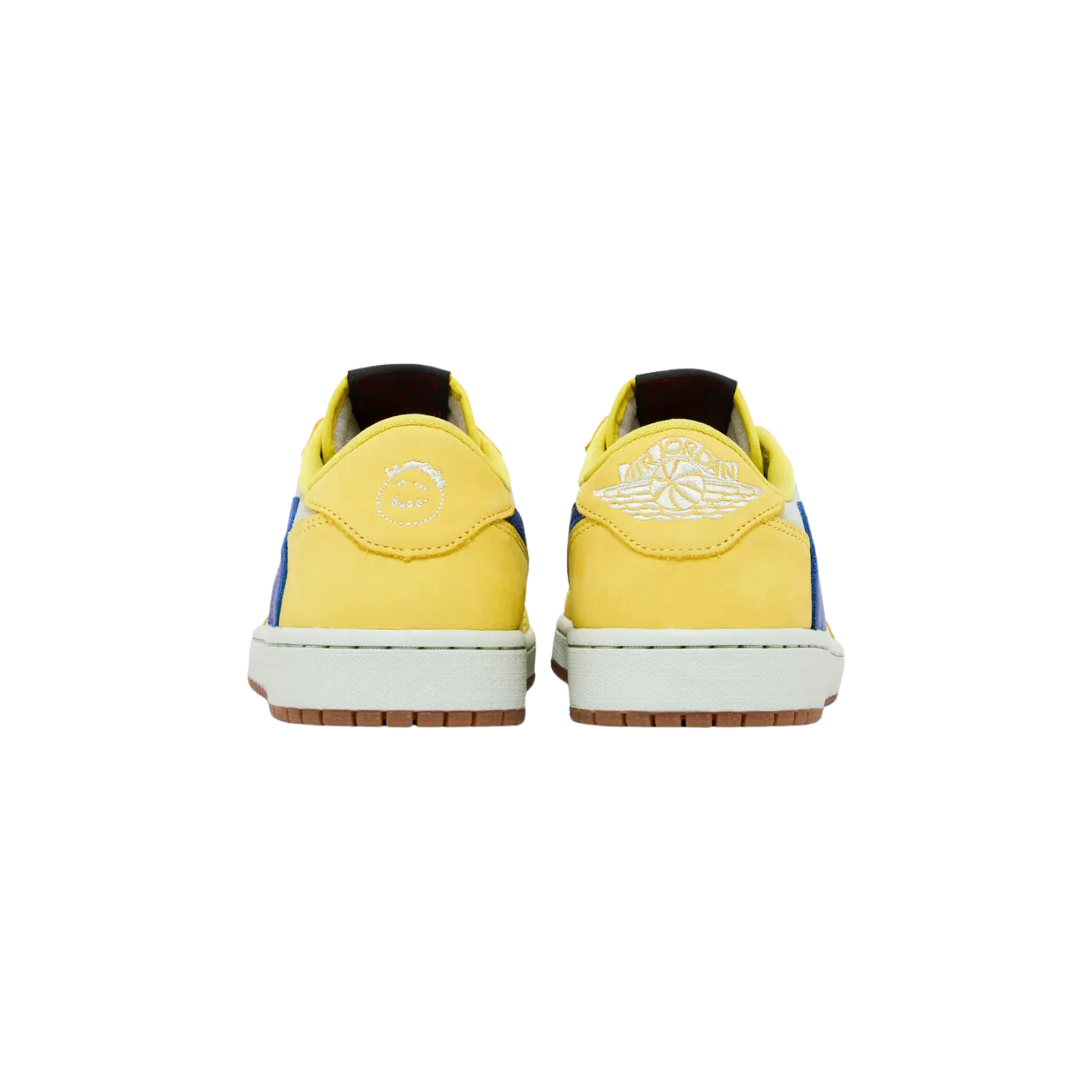 Travis Scott x Women's Air Jordan 1 Retro Low OG SP 'Canary' (Elkins) featuring a white leather upper with yellow overlays at the forefoot and heel. The sneaker includes a Racer Blue reverse Swoosh, a red and black Nike Air tag on the tongue, mismatched Cactus Jack and Jordan Wings branding on the heel tabs, and a traditional cupsole with white textured sidewalls and a gum rubber outsole.