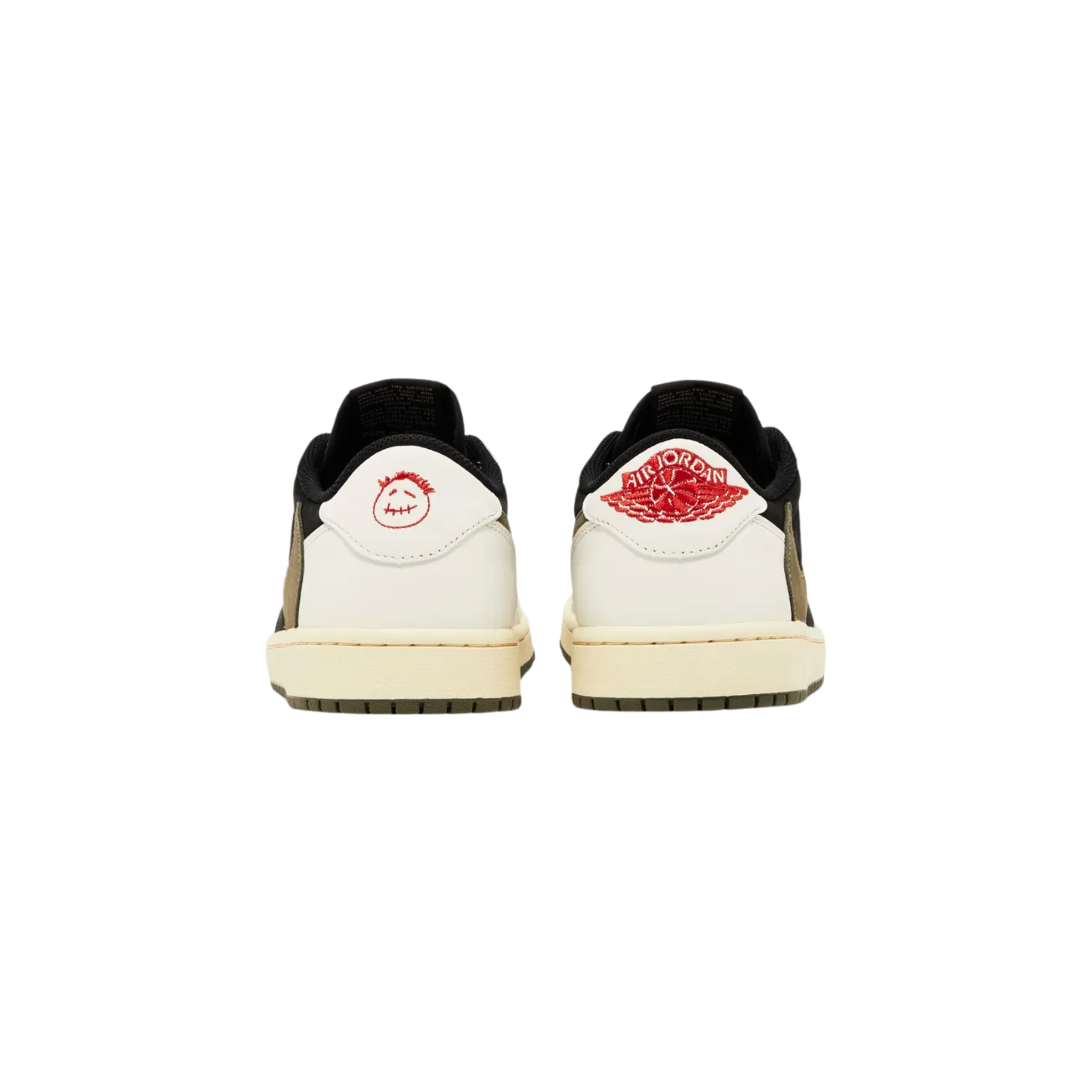 Travis Scott x Women’s Air Jordan 1 Retro Low OG SP ‘Olive’ featuring a black suede base with off-white leather overlays, olive suede Swooshes, and a reverse check on the lateral side. The sneaker includes crimson accents on woven Nike Air tongue tags, mismatched Jordan and Cactus Jack branding on the heel tabs, and a rubber cupsole with vintage off-white sidewalls and an olive green rubber outsole.