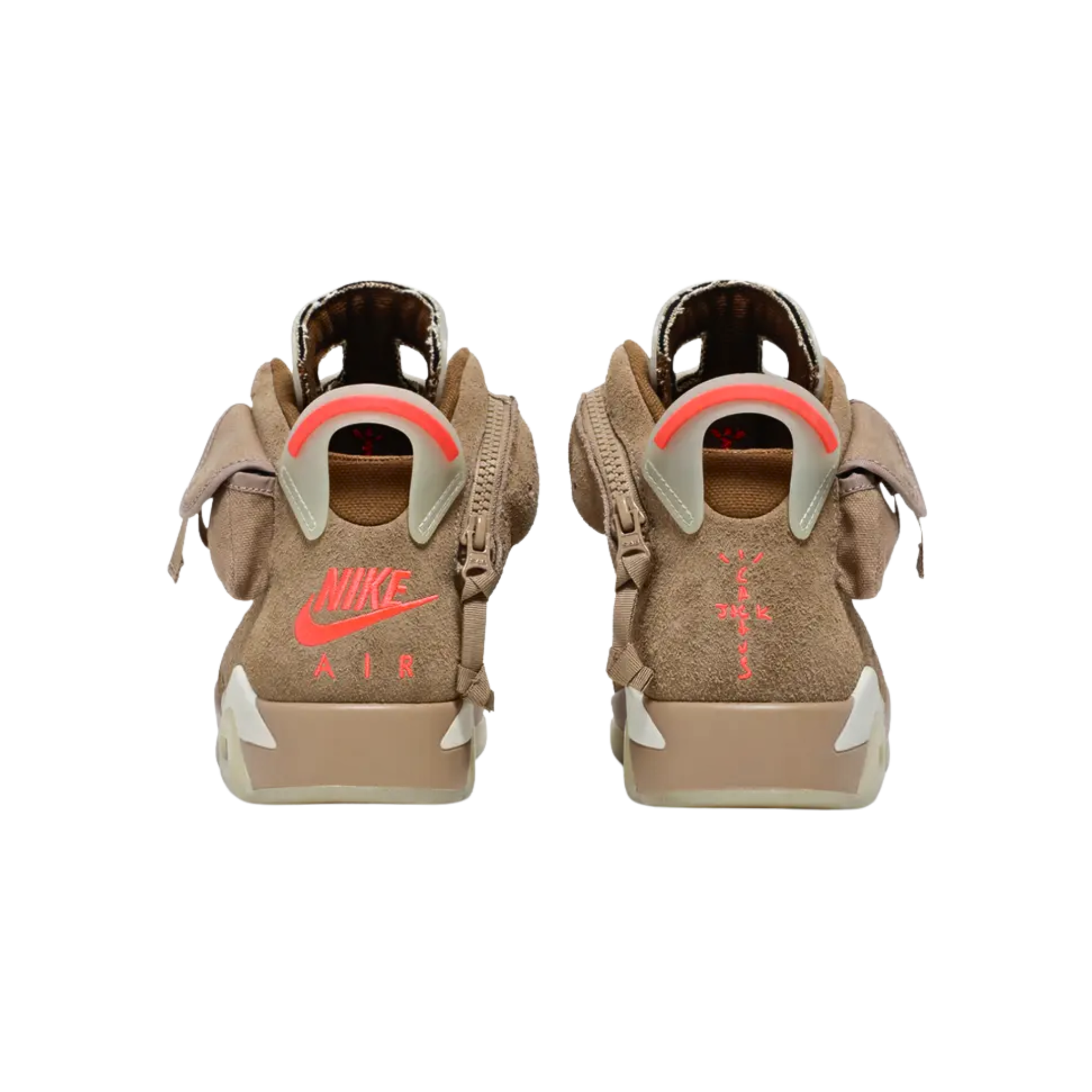 Travis Scott x Air Jordan 6 Retro 'British Khaki' featuring a suede and canvas upper with Bright Crimson accents. The design includes a stash pouch on the lateral collar, zippered detailing on the medial side, and mismatched Nike Air and Cactus Jack branding on the heels. Additional graphics are featured on the midsole, outsole, tongue, and lace lock.