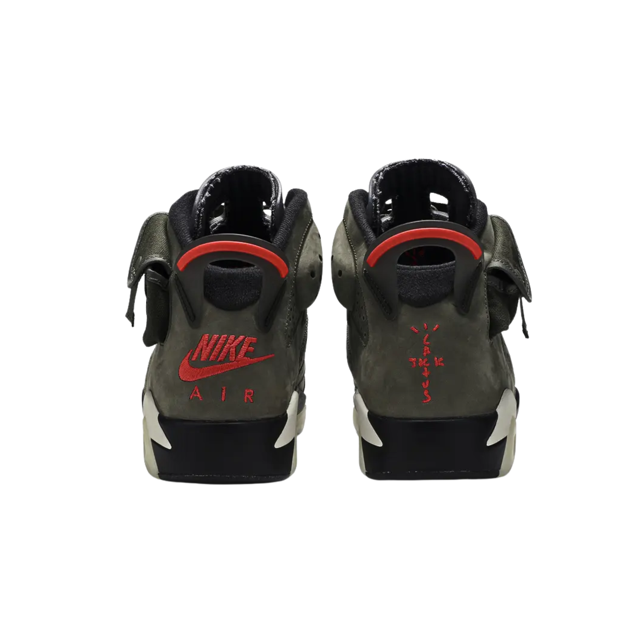 The Travis Scott x Air Jordan 6 Retro 'Olive' features a Medium Olive and black nubuck and suede upper with Sail and University Red accents, a small pocket on the collar, 'Cactus Jack' branding on the heel, and a glow-in-the-dark translucent outsole.