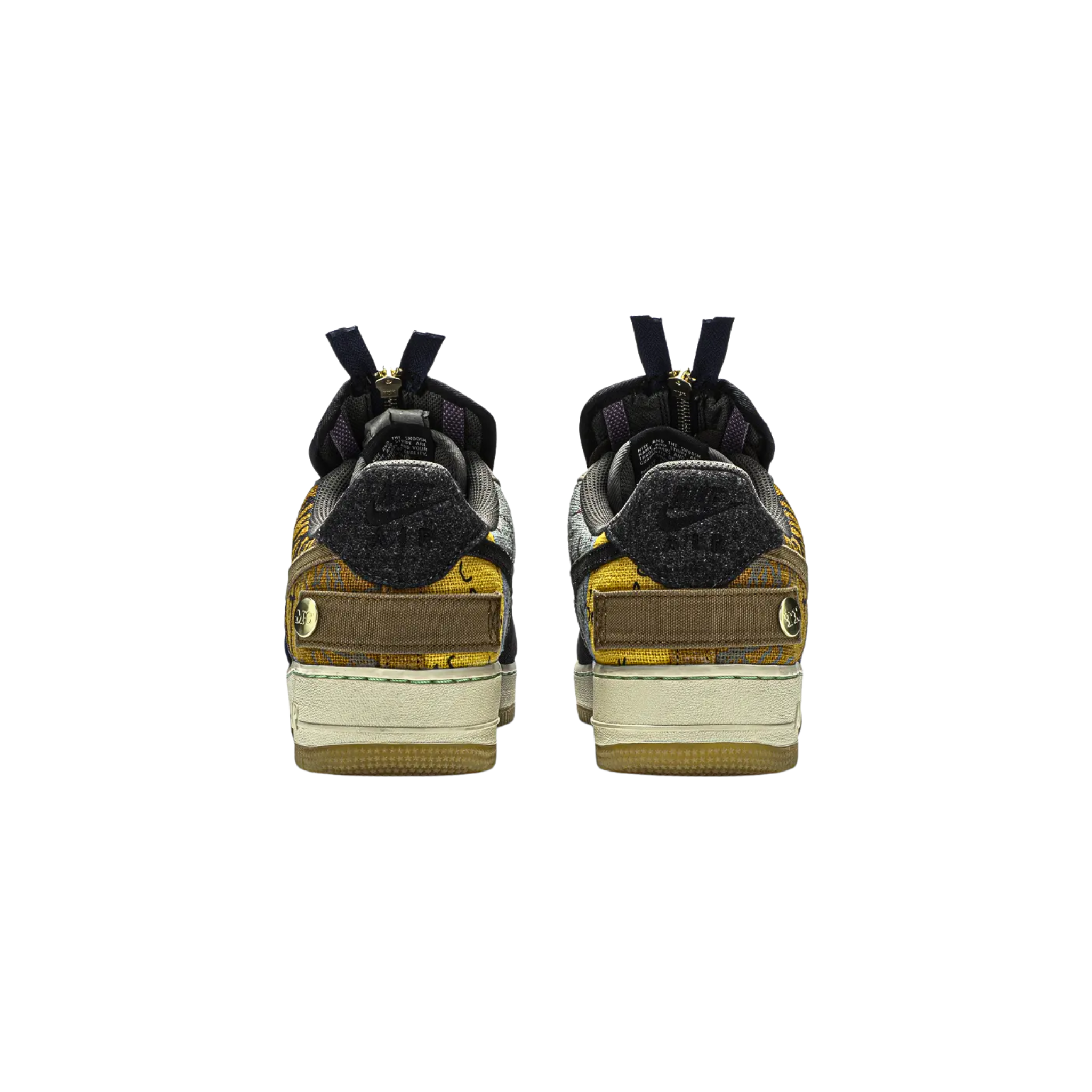 The Travis Scott x Air Force 1 Low 'Cactus Jack' features a mix of printed canvas, leather, and suede uppers with utilitarian details like zipped corduroy lace shrouds and mismatched Swooshes. Released in November 2019, the sneaker sits on a classic AF1 midsole and gum rubber outsole, combining rugged style with signature Travis Scott design elements.