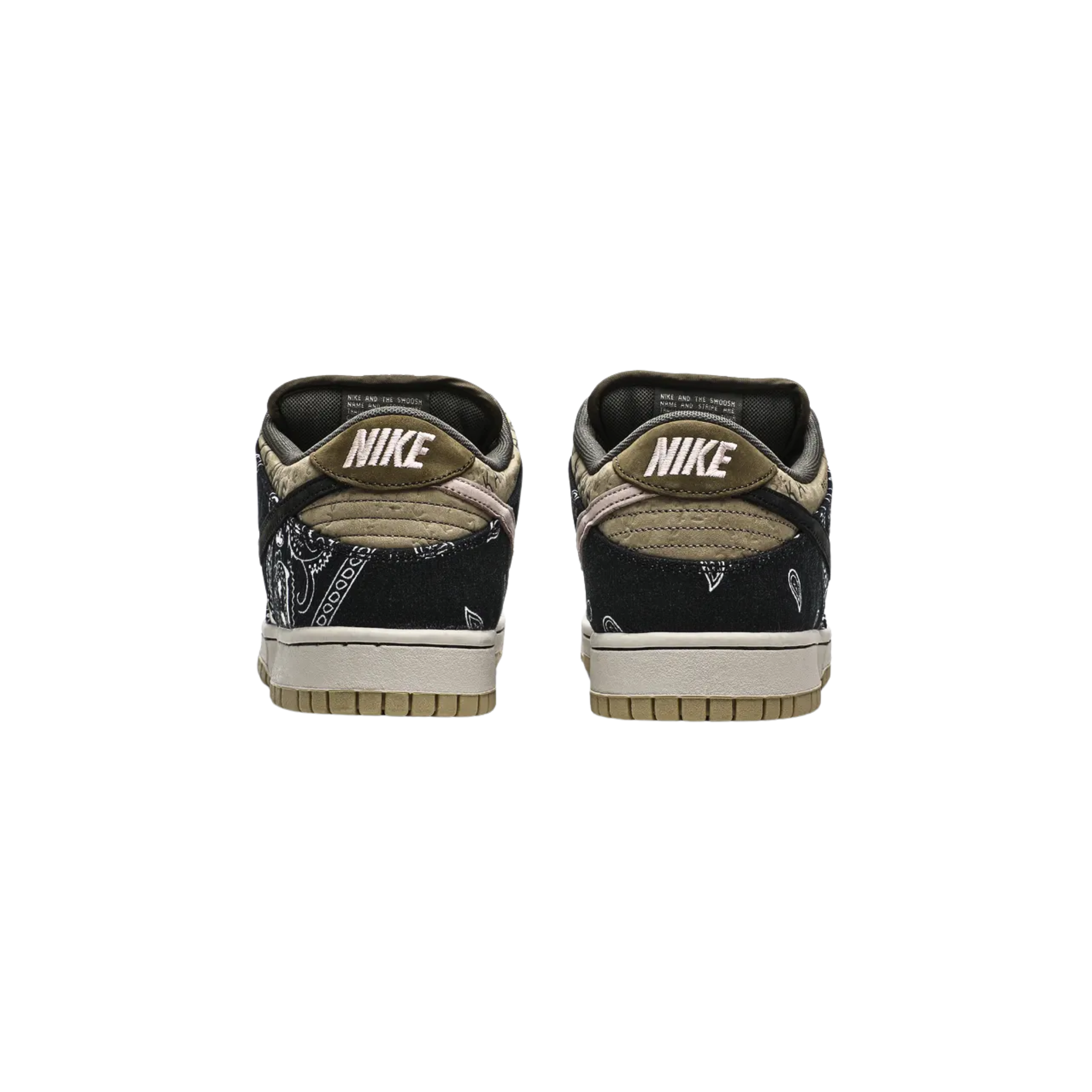 The Travis Scott x Nike Dunk Low SB features a unique patchwork design with a tan leather base, plaid quarter panels, and paisley print overlays that tear away to reveal hidden elephant print underneath. The contrasting patterns are paired with rope laces, Cactus Jack tongue tags, and mismatched black and pink Swooshes on each shoe. The sneaker is completed with a white midsole and a tan rubber outsole for a stylish and layered look.