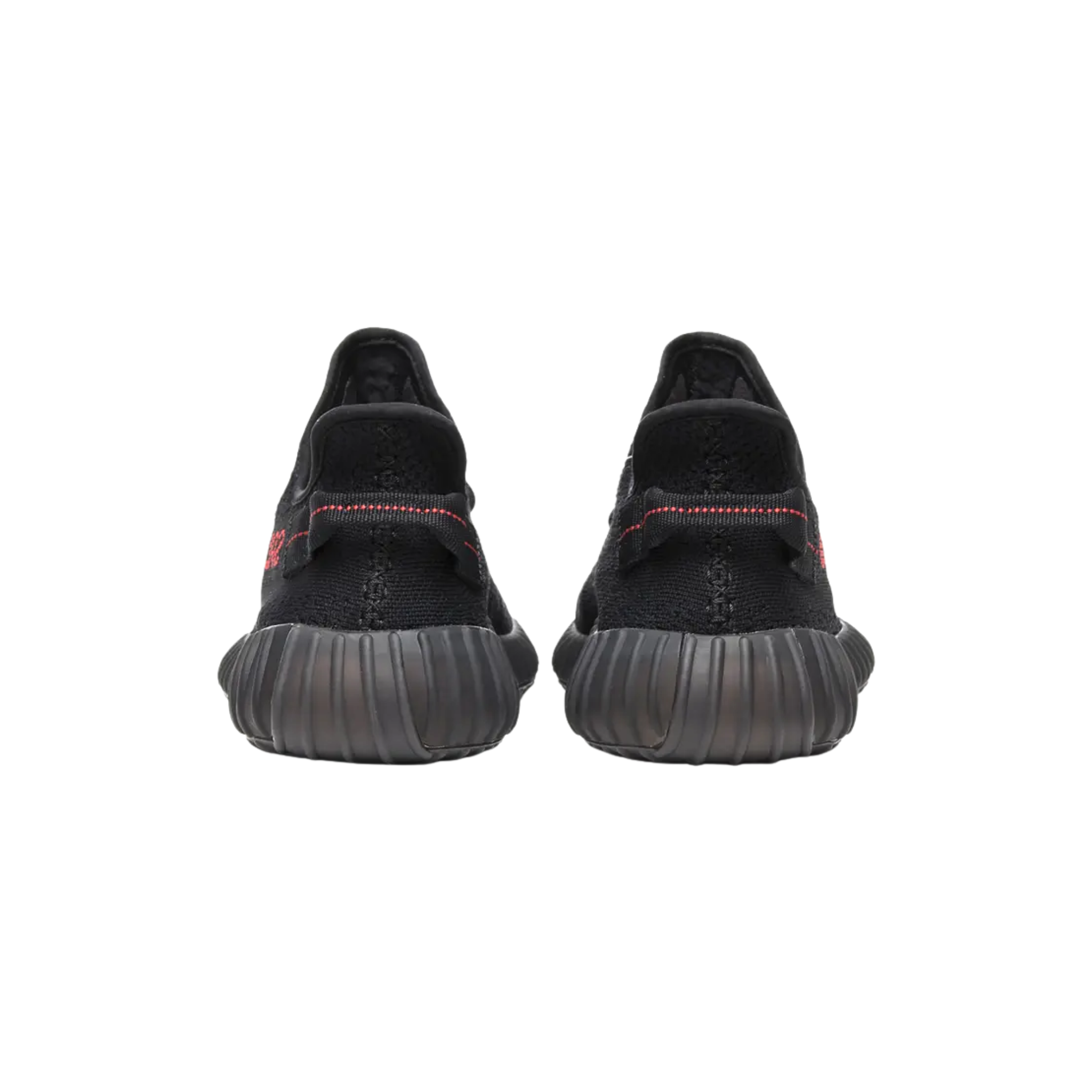 Shop the adidas Yeezy Boost 350 V2 ‘Bred,’ featuring a black Primeknit upper with a pronounced center seam and red SPLY-350 branding. The design includes a crimson embroidered pull tab and a full-length Boost midsole wrapped in semi-translucent black rubber for durability and support.