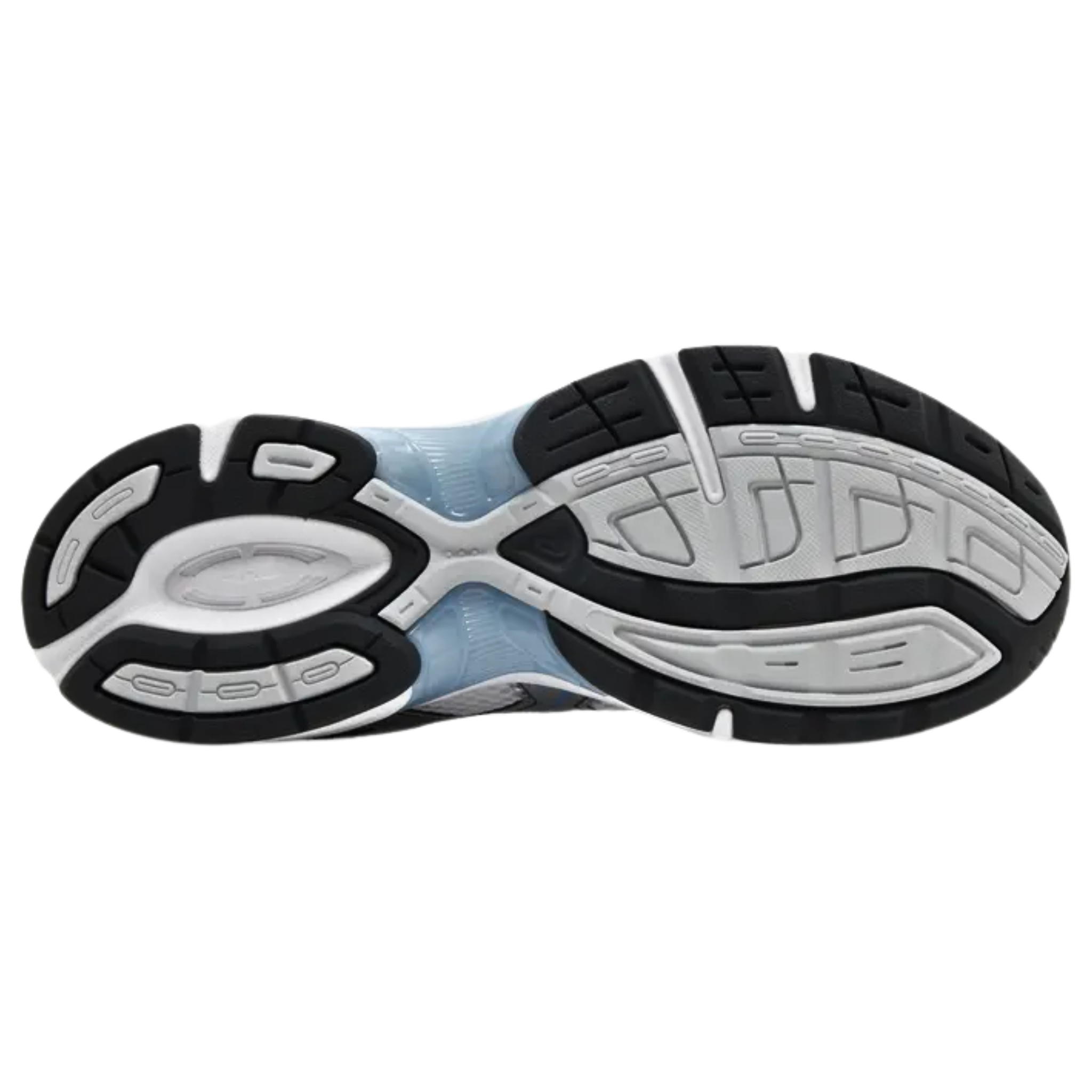 The ASICS Gel 1130 'White Shark Skin' sneaker features a breathable white mesh upper with steel blue synthetic leather overlays and metallic silver tiger stripes. ASICS branding adorns the tongue and sockliner. The sneaker is equipped with a lightweight EVA midsole, visible Gel cushioning in the heel, and a durable rubber outsole with the TRUSSTIC support system, featuring a TPU shank for enhanced stability and performance.