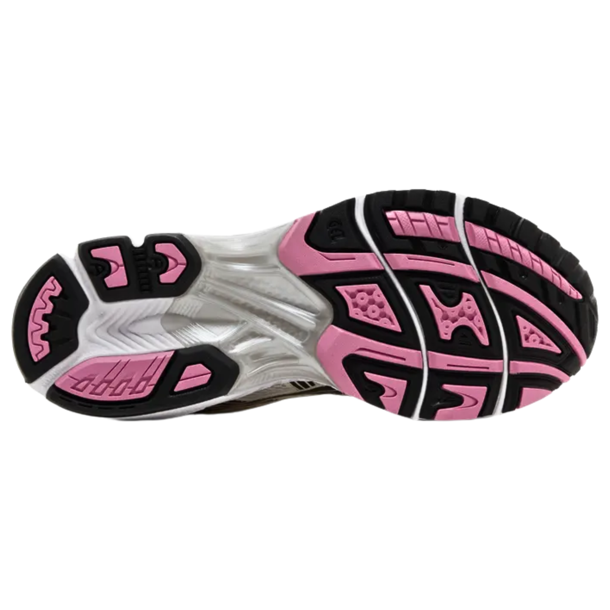 The ASICS Gel Kayano 14 'Cream Sweet Pink' sneaker showcases an off-white open-cell mesh upper with metallic silver synthetic leather overlays. Black lines accentuate the signature side stripes, while vibrant pink highlights the branding on the tongue and heel. The retro-inspired runner features a white foam midsole with visible Gel cushioning in a hot pink tint. A flexible rubber outsole with flex grooves and an exposed TPU shank provide enhanced support and durability.