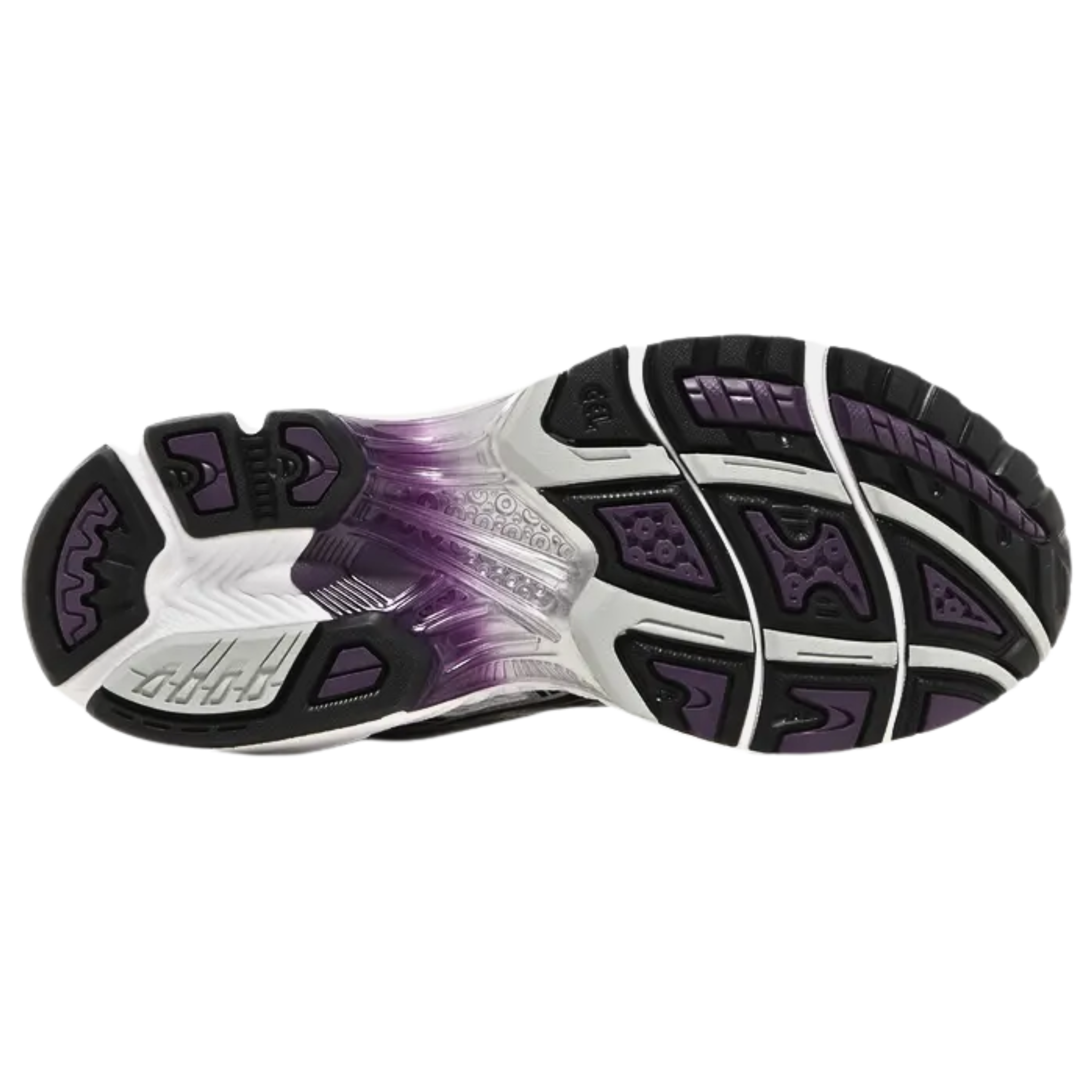 The ASICS Women's Gel Kayano 14 'Silver Grape' sneaker features a breathable white mesh upper with metallic silver synthetic leather overlays. Black arcing lines create the signature tiger stripes, while a metallic violet curved heel overlay adds contrast. The sneaker offers lightweight cushioning with a two-tone foam midsole, enhanced by purple-tinted Gel inserts in the forefoot and heel for superior comfort and support.