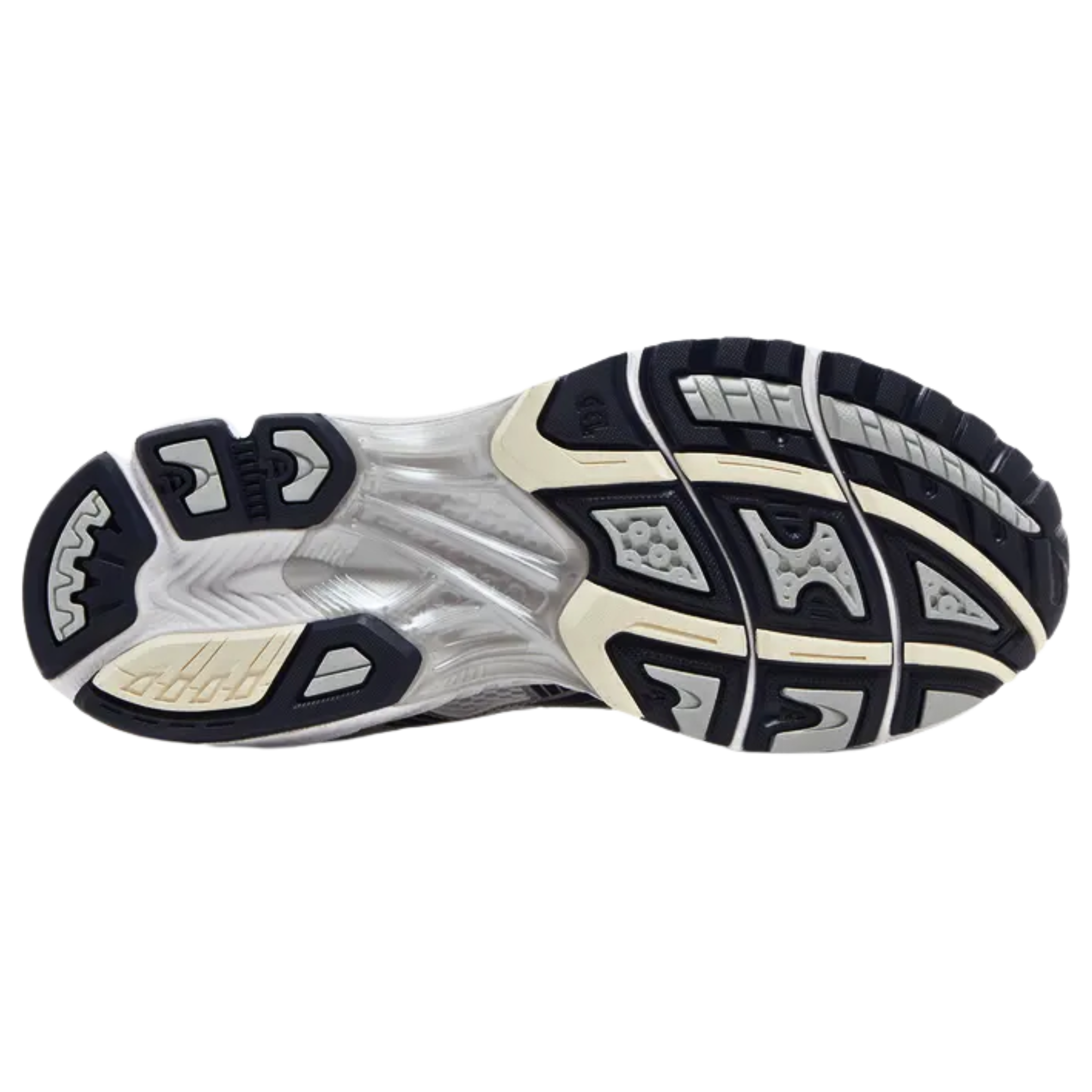 The ASICS Women's Gel Kayano 14 'White Midnight' features a white open-cell mesh upper with cream and metallic silver synthetic leather overlays. Dark grey lines create the signature tiger stripes, while ASICS branding adorns the tongue tag and sockliner. The sneaker offers visible Gel cushioning in the lightweight EVA midsole, providing enhanced impact protection and comfort with every step.