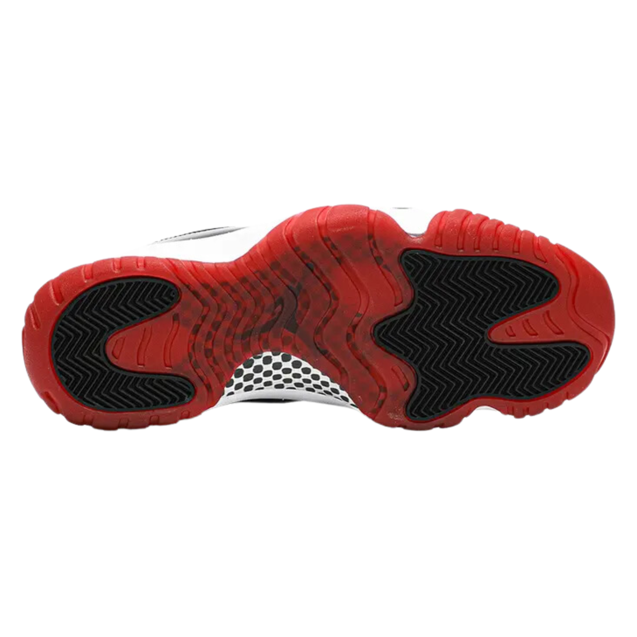 The 2019 Air Jordan 11 Retro 'Bred' features a black mesh upper with shiny black patent leather, a white midsole, and a translucent Varsity Red outsole, celebrating the colorway worn by Michael Jordan during the 1996 NBA championship playoffs.