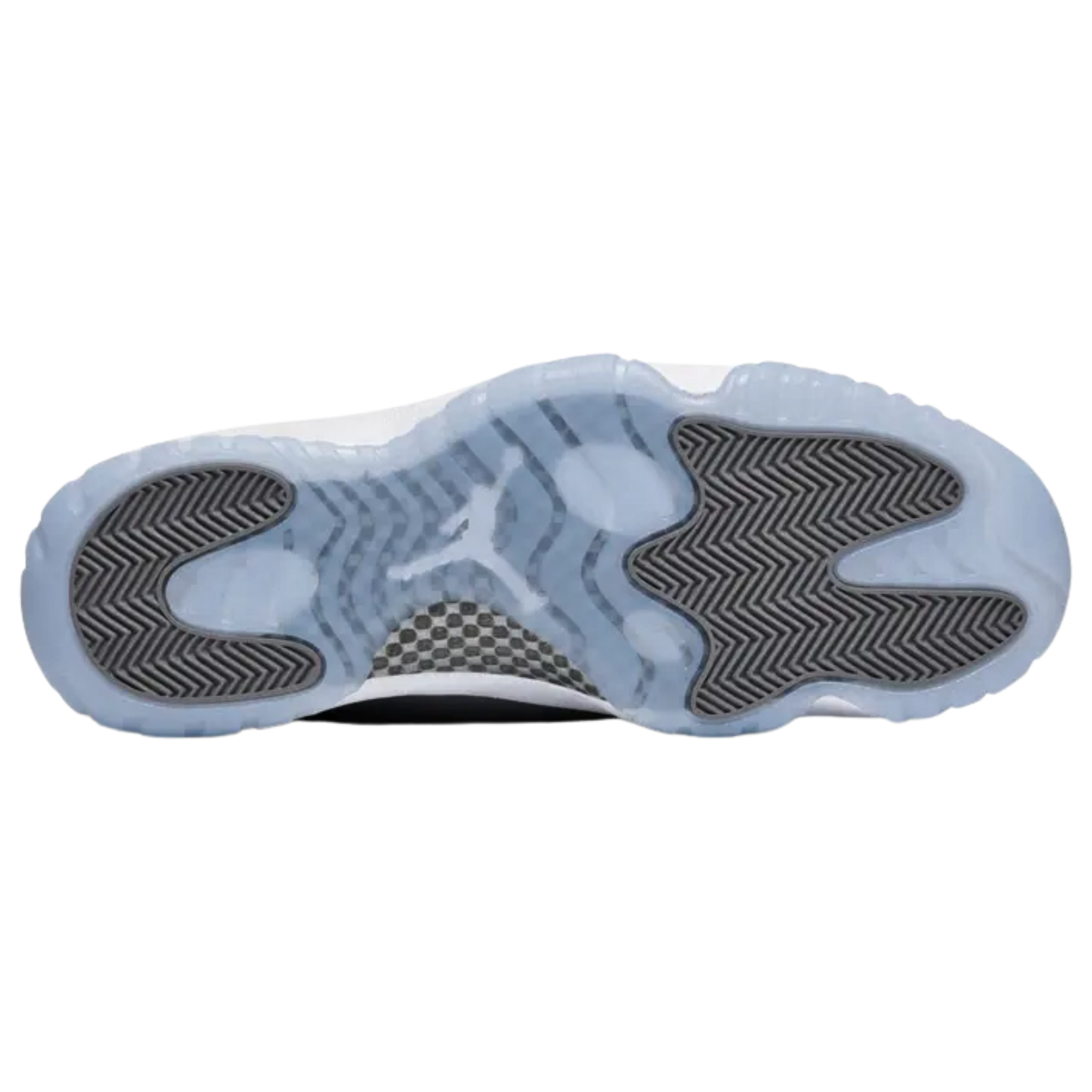 2021 Air Jordan 11 Retro ‘Cool Grey’ featuring a nubuck upper with tonal webbing lace loops and a shiny patent leather overlay in Medium and Cool Grey tones. The sneaker includes a white Jumpman logo on the lateral ankle, a stylized ‘23’ on the heel notch, and a full-length Air-sole unit housed in a white Phylon midsole. Underfoot, a translucent outsole reveals a carbon fiber spring plate for enhanced responsiveness.