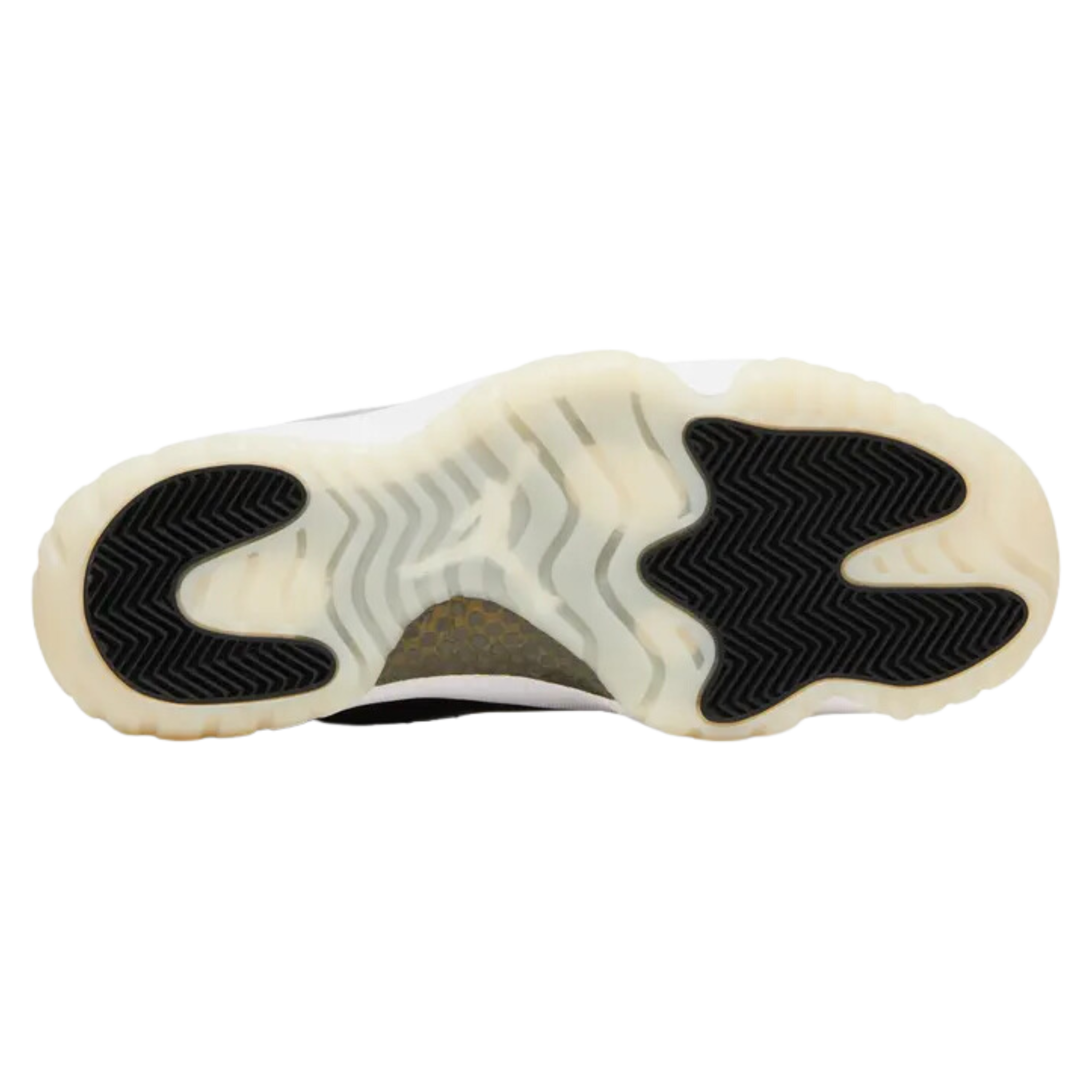 Air Jordan 11 Retro 'Gratitude / Defining Moments' (2023) featuring a white tumbled leather upper with tonal webbing eyelets and a black patent leather mudguard. The sneaker includes metallic gold accents on the embossed Jumpman logo on the lateral ankle, a '23' stamped on the heel tab, a Phylon midsole, a carbon fiber shank plate, and a translucent rubber outsole.