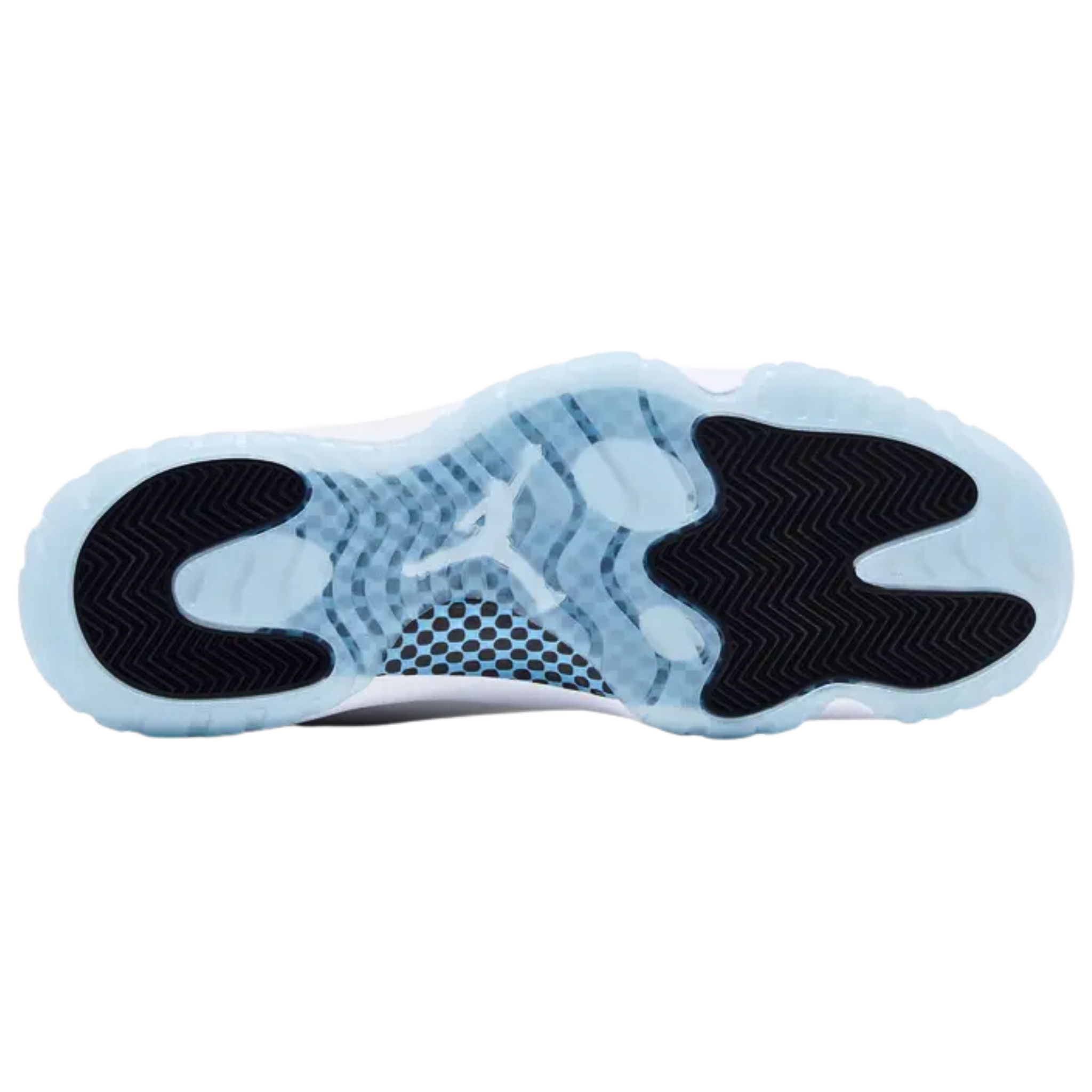 Air Jordan 11 Retro 'Legend Blue' (2024) featuring a white leather upper with a tonal patent leather mudguard and blue embroidered Jumpman on the lateral collar. The sneaker includes black accents on the interior lining and back tab with '23' branding, a white Phylon midsole with a full-length Air-sole unit, and a blue-tinged translucent rubber outsole with a carbon fiber shank plate for stability.