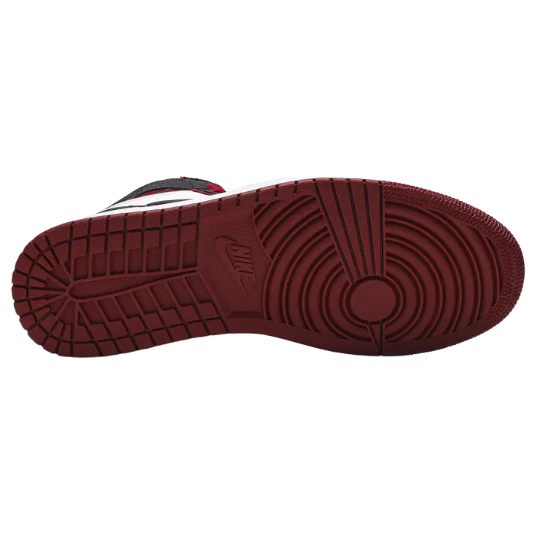 The 2019 Air Jordan 1 High Retro OG 'Bloodline' features a leather upper with a classic red, black, and white color scheme, complemented by retro Swooshes, Wings logo branding, and a dual-tone rubber cupsole with encapsulated Air cushioning.