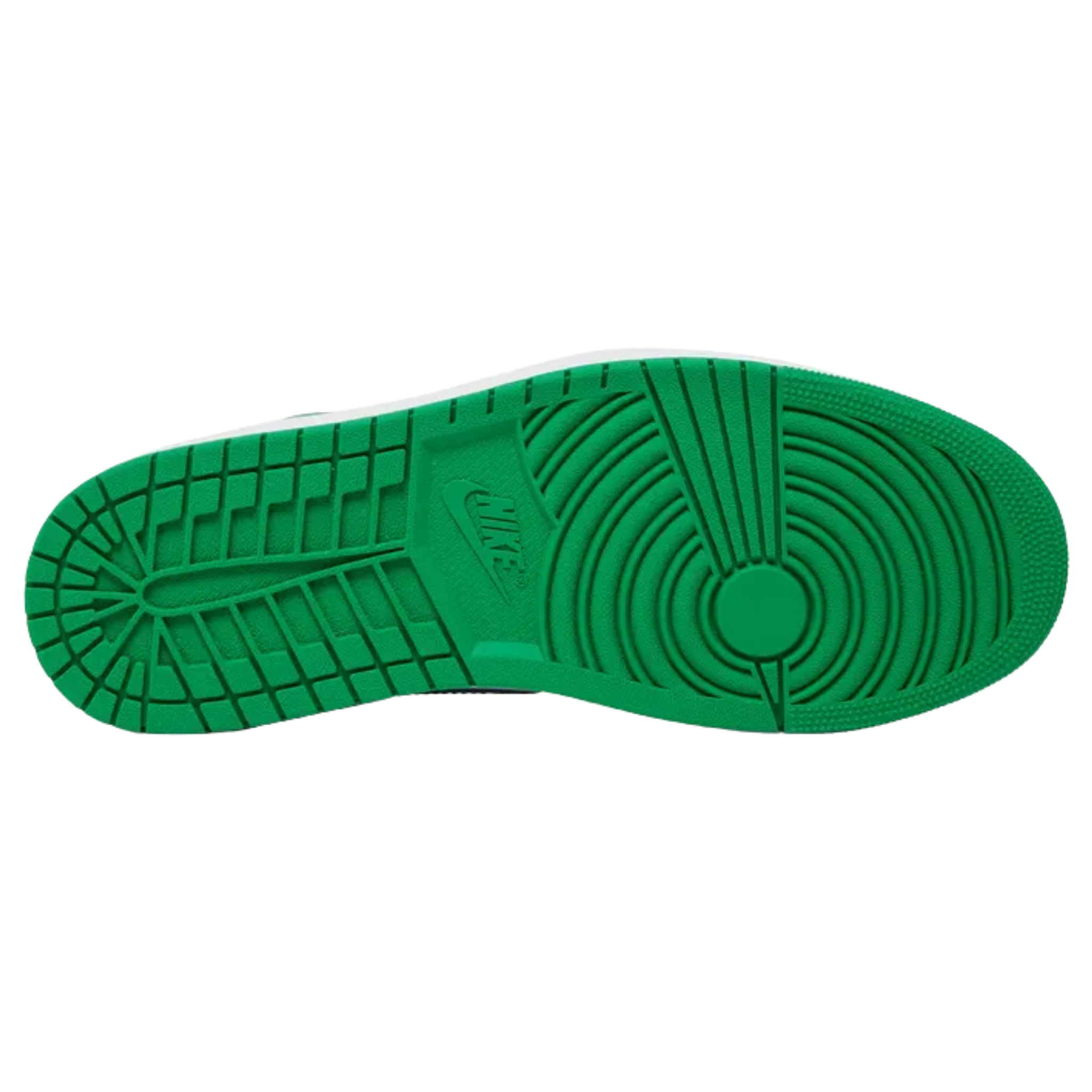 Air Jordan 1 Retro High OG ‘Lucky Green’ featuring a smooth leather upper with a white base and black accents on the forefoot overlay, Swoosh, and padded collar. The sneaker includes green accents on the heel overlay and ankle flap, a retro Wings logo on the lateral side, and a woven Nike tag atop the breathable nylon tongue.
